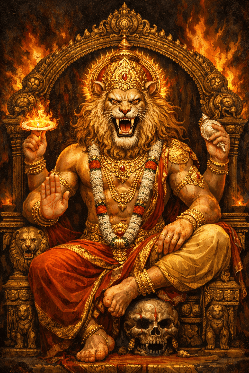 1024x1536 Lord Narasimha - Fierce Lion Avatar of Vishnu on Throne HD Wallpaper