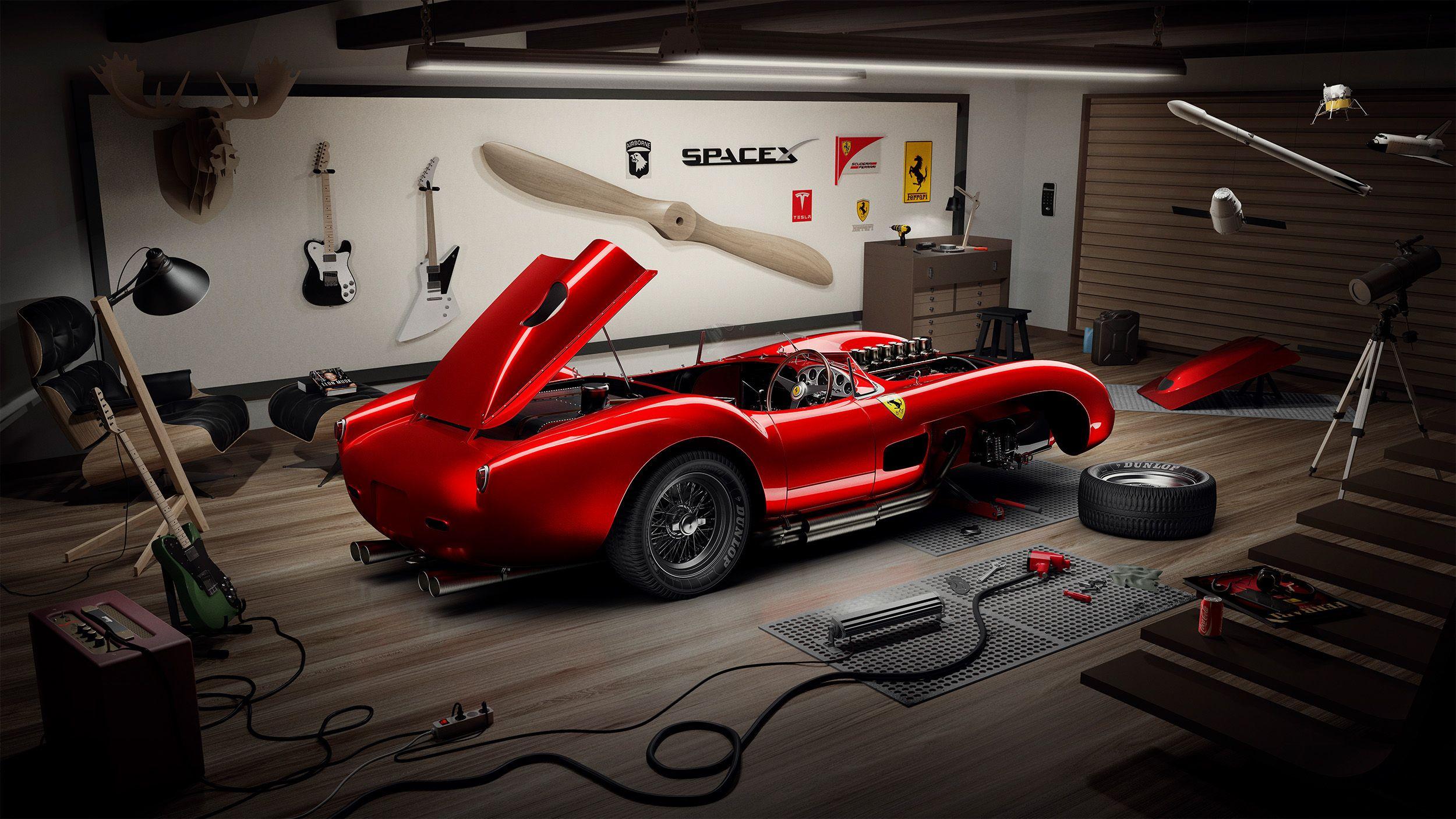2500x1406 Wallpaper Ferrari 250 Testa Rossa, Garage, Guitars, SpaceX, HD