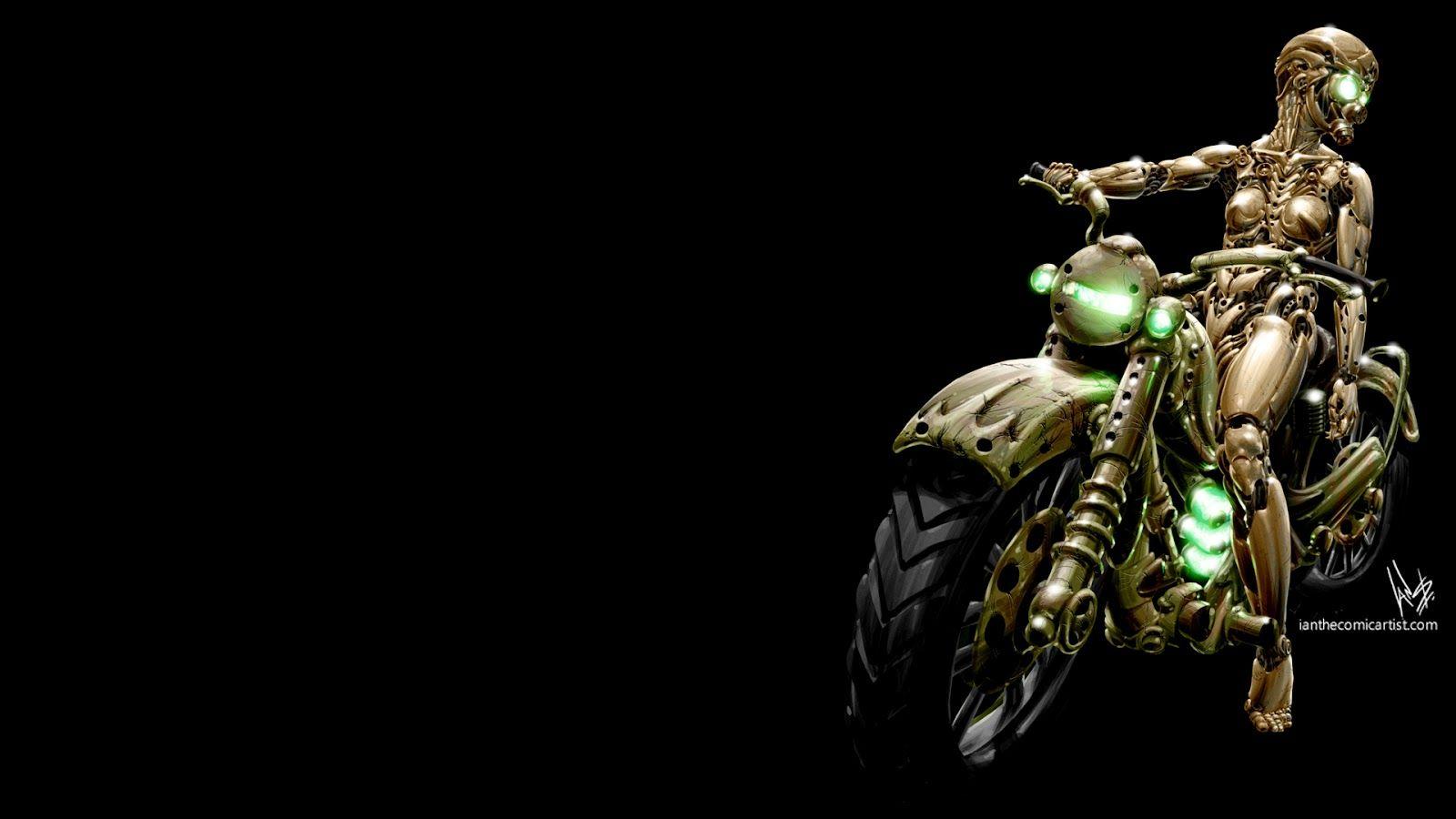 1600x900 Motorcycle Riding Robot Desktop Wallpaper