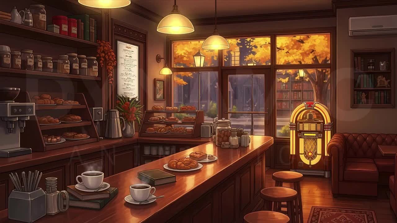 1280x720 Animated Background. Cozy Autumn Cafe Interior with Coffee, Pastries & Jukebox. Warm Rainy Coffee Shop. MP4 Digital Download