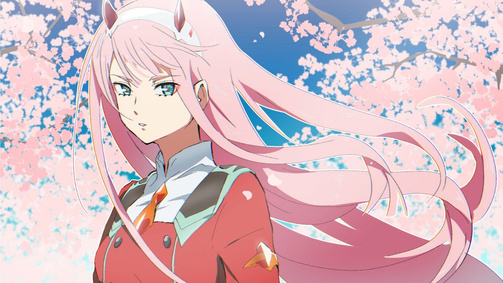 1600x900 darling in the franxx zero two with pink hair with background of pink flowers and blue sky HD anime Wallpaper