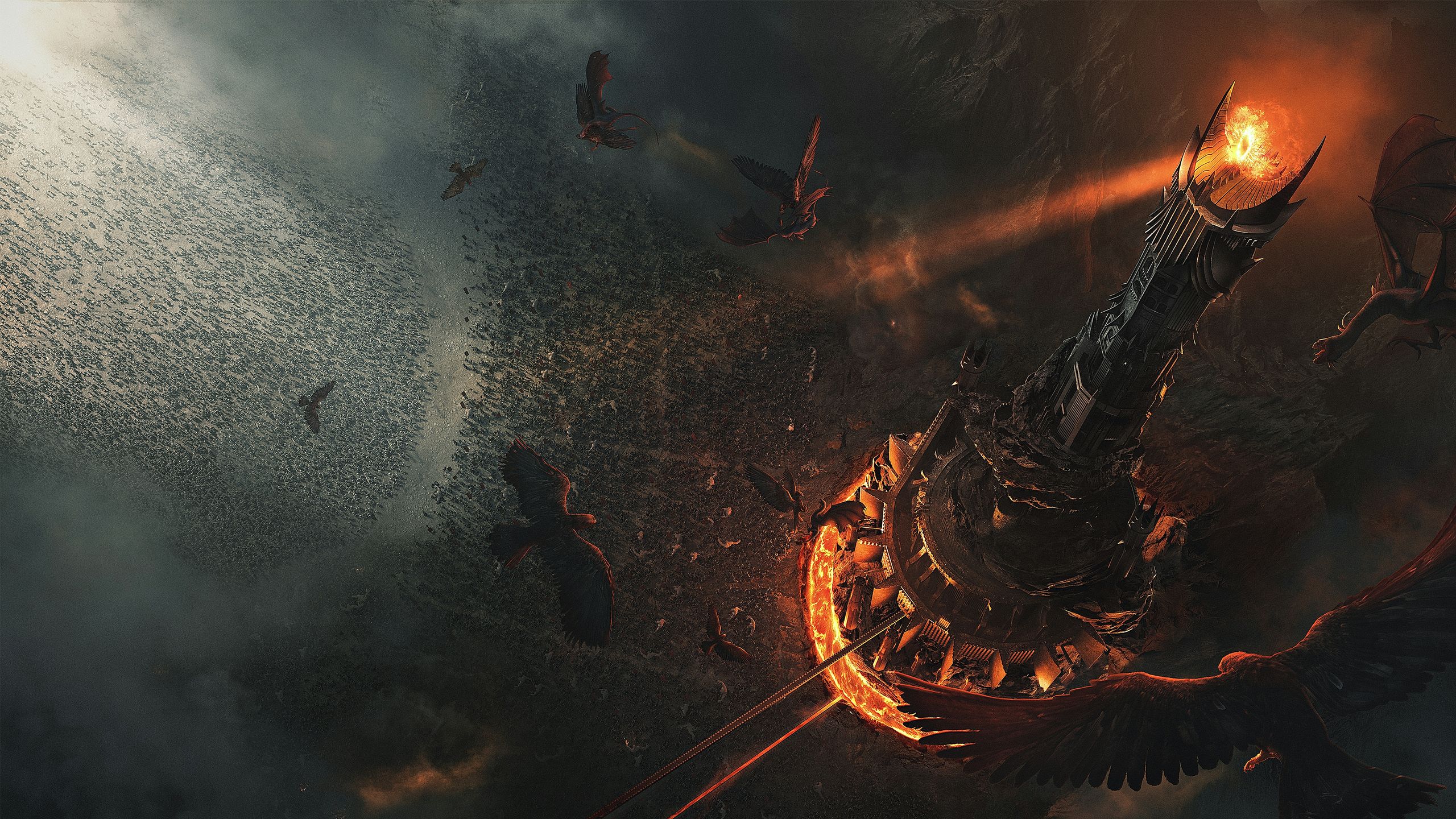 2560x1440 Download All Seeing Eye, Lord Of The Rings, Battle, Orcs, Elves, Tower, Birds, Glow, Ray, Horde Wallpaper In 2560x1440 Resolution