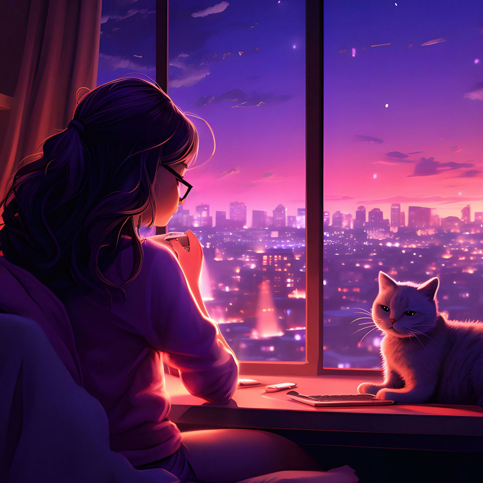 2048x2048 Lofi girl Wallpaper 4K, Cozy, Cat, Window, Alone