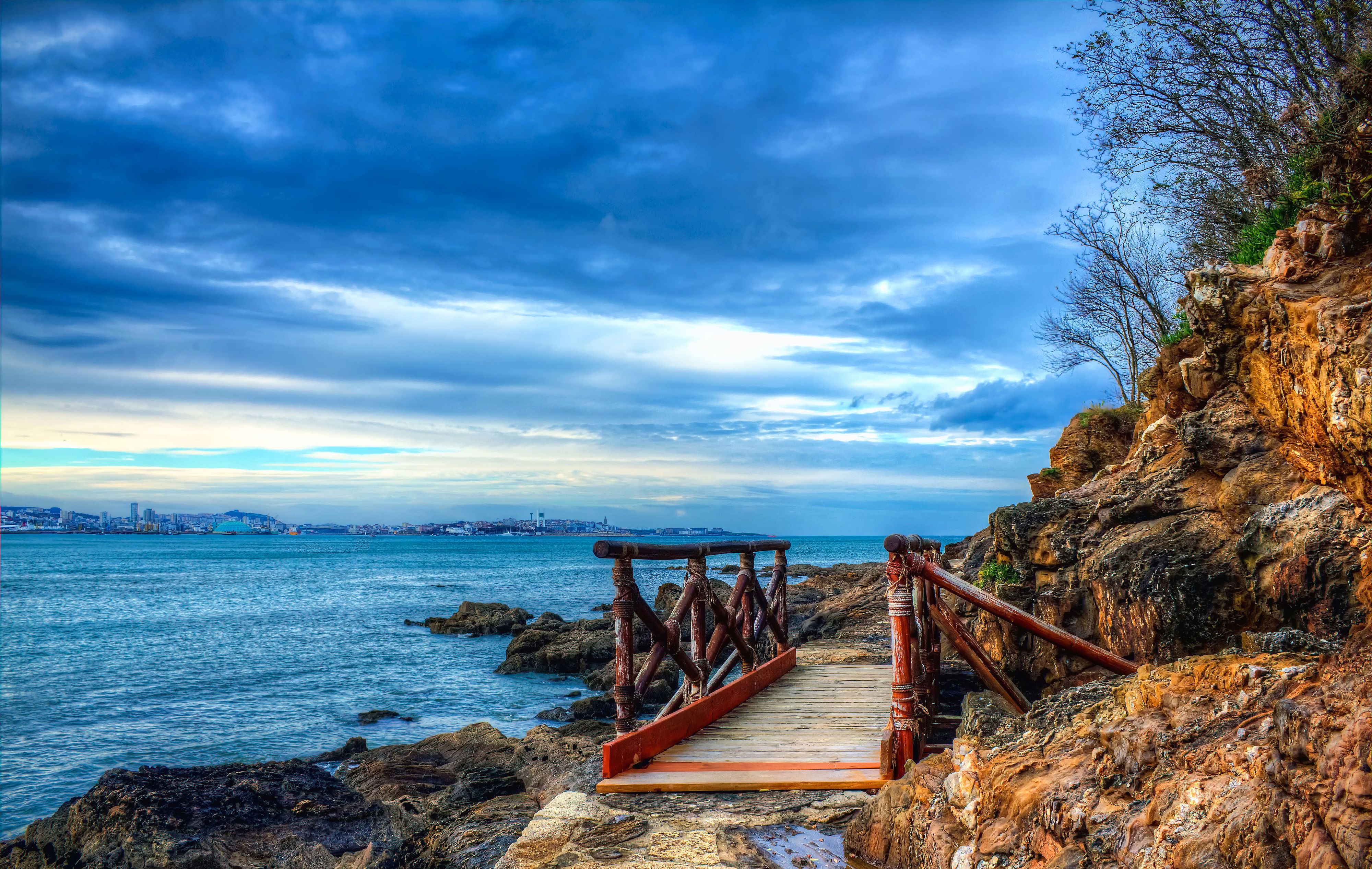 4000x2533 Wallpaper sea, the sky, clouds, the city, rocks, Bay, the bridge, Spain for mobile and desktop, section пейзажи, resolution 4000x2533