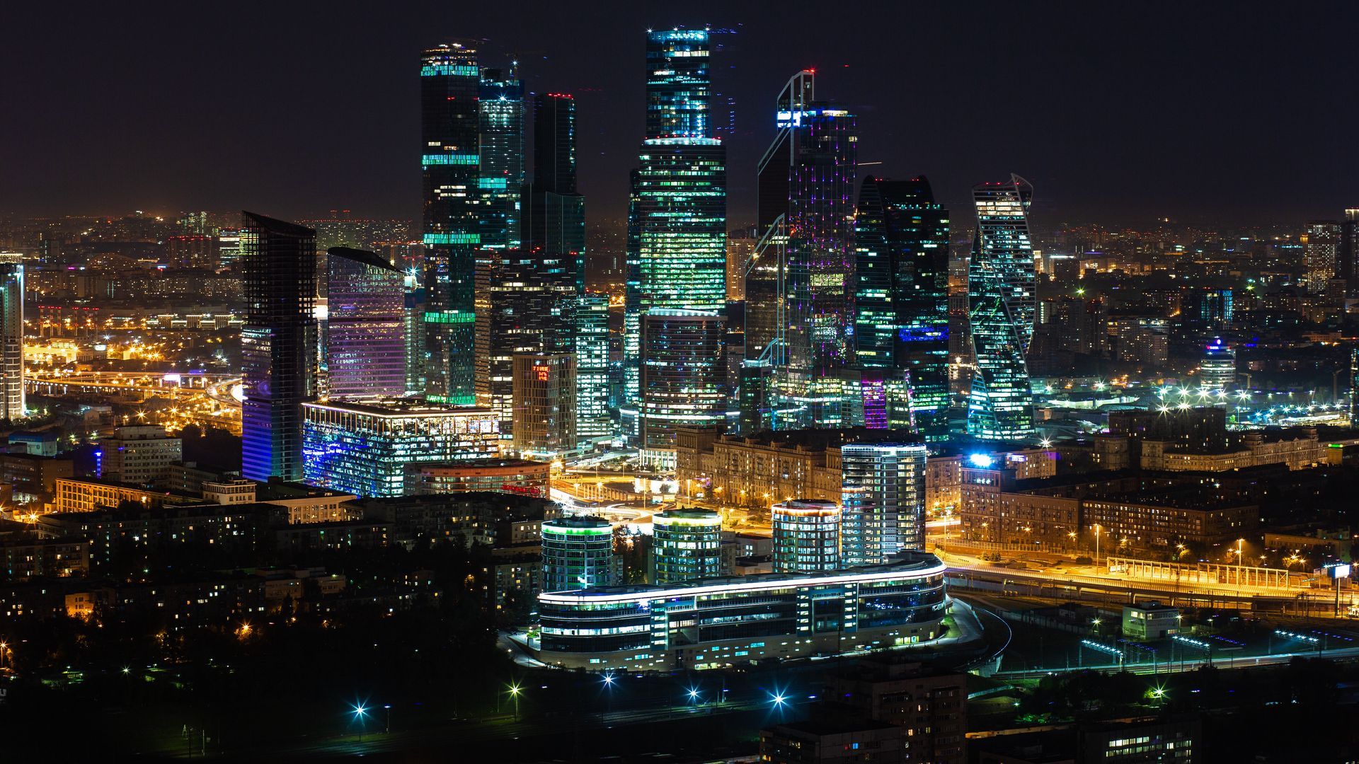 1920x1080 Download wallpaper 1920x1080 night city, skyscrapers, city lights, moscow city, architecture, moscow, russia full hd, hdtv, fhd, 1080p HD background