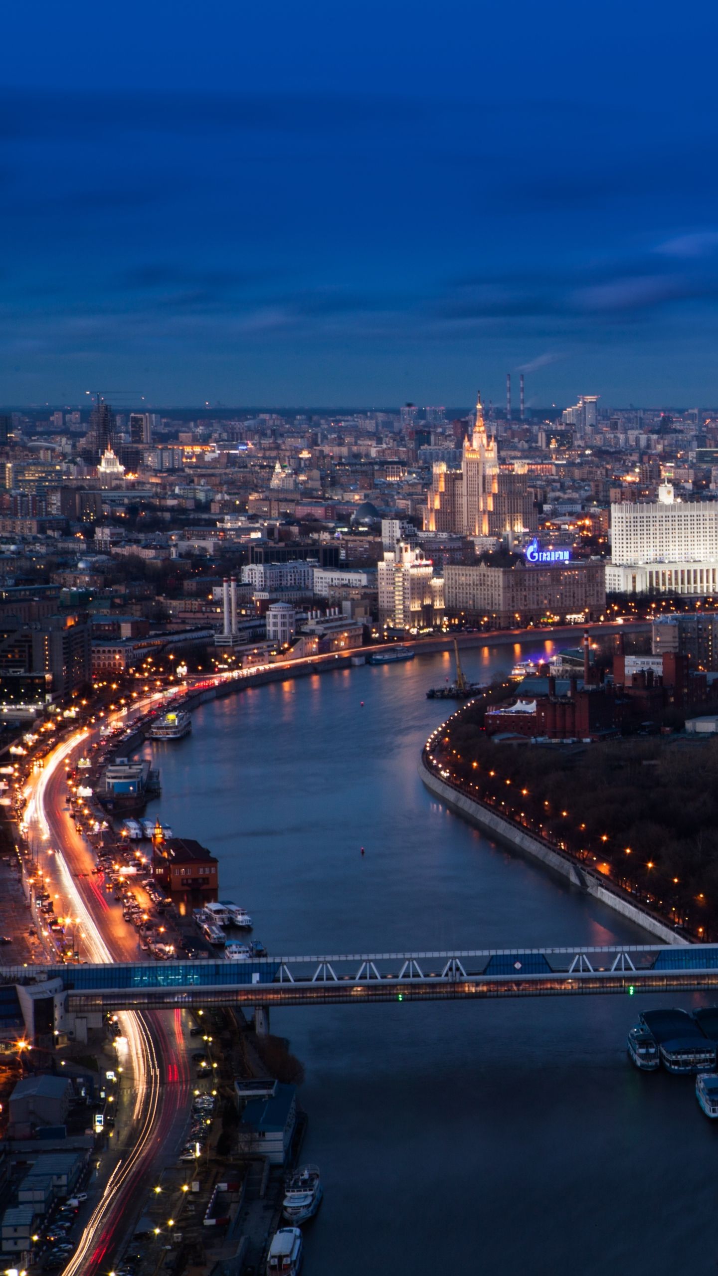 1440x2560 Desktop wallpaper: Man Made, Moscow, River, City, Horizon, Cityscape, Russia, Building, Night, Cities 4K free download for PC. 1129960
