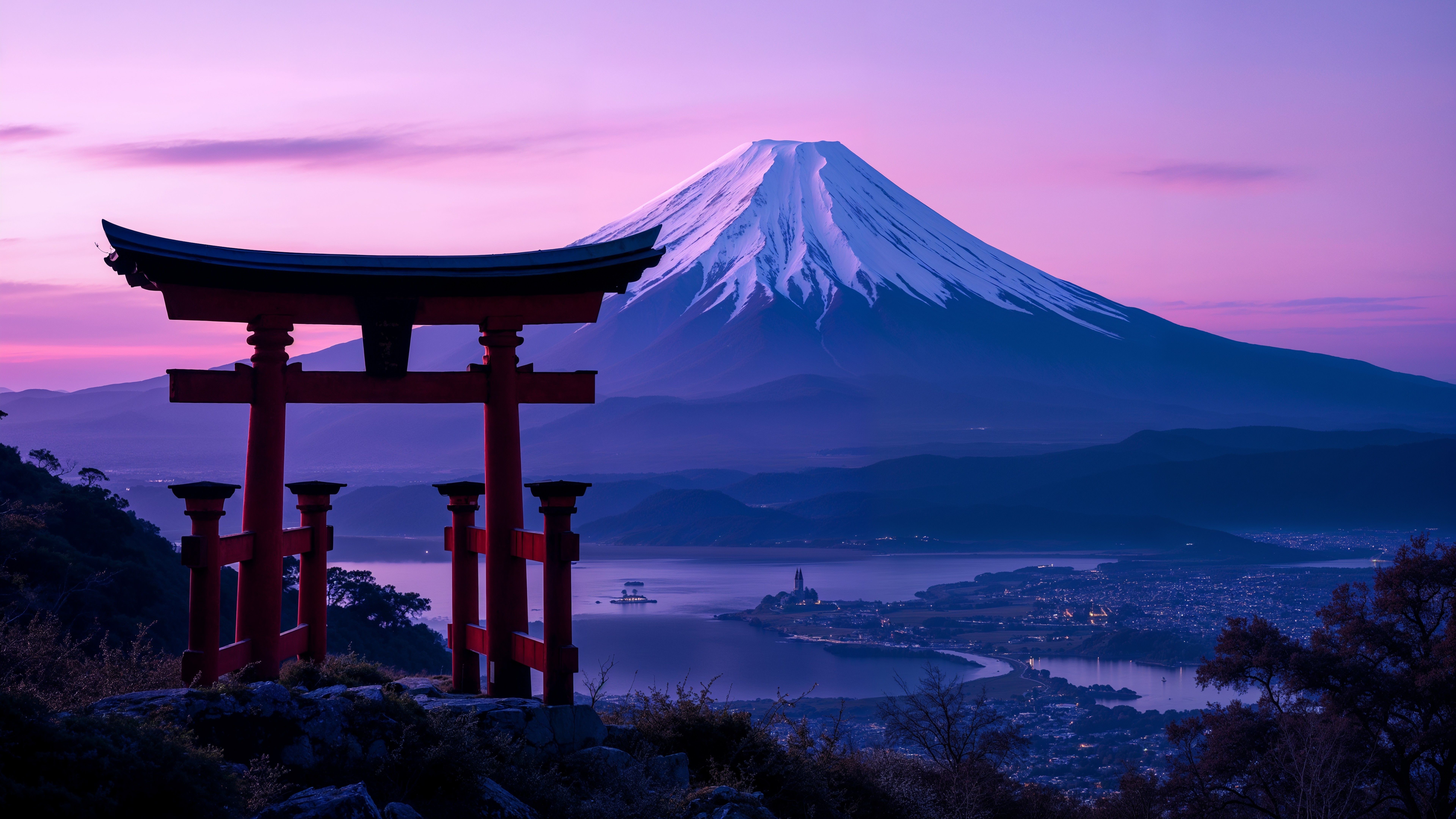 7680x4319 Torii Gate at Dusk with Mount Fuji in View
