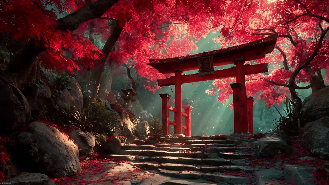 1280x720 Japanese Torii Gate in Autumn. Serene TV Art Screensaver. Red Maple Forest Ambience