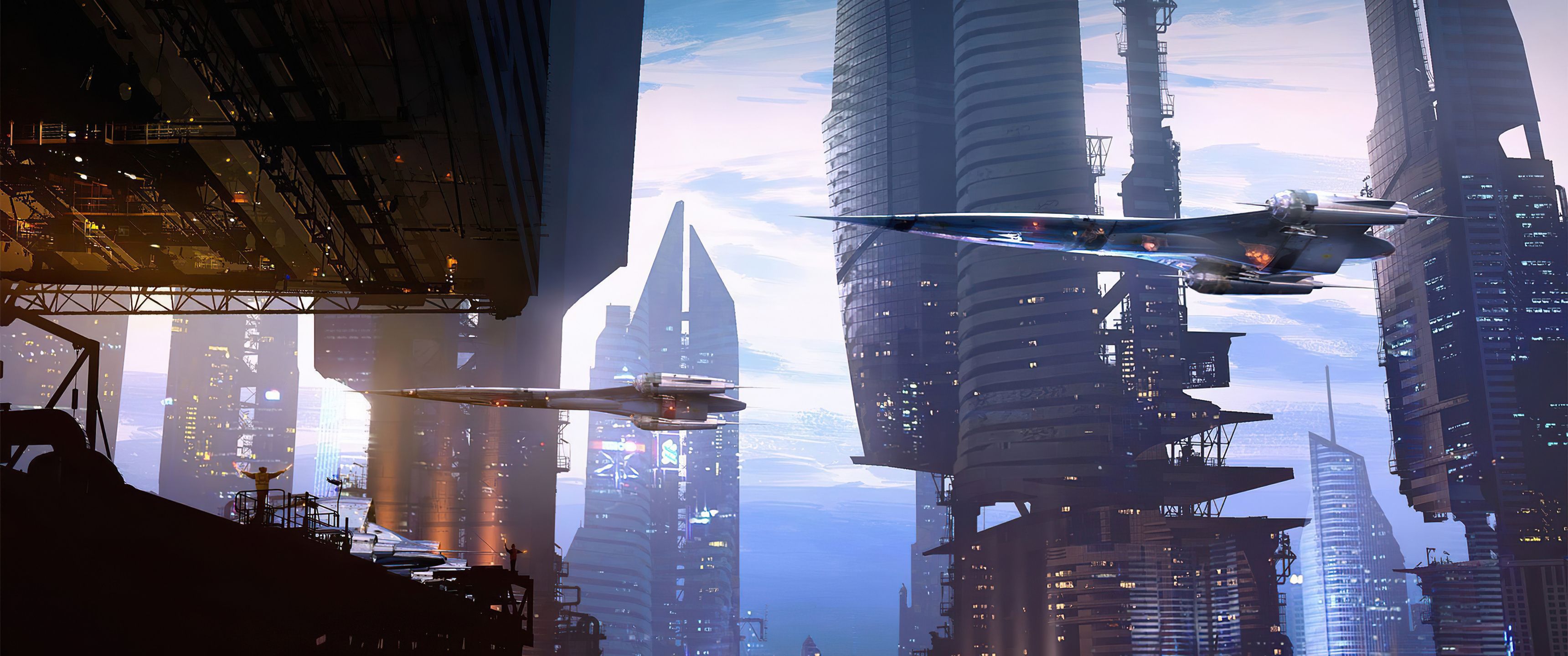 3440x1440 Future Scifi Aircraft Buildings 4k UltraWide Quad HD 1440P , HD 4k Wallpaper, Image, Background, Photos and Picture