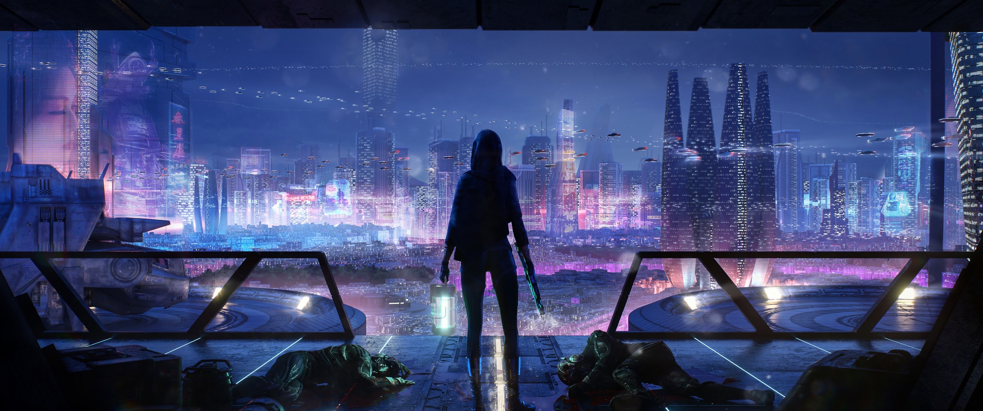 3440x1440 Cyberpunk Wallpaper 4K, Hunter, Futuristic, Assassin