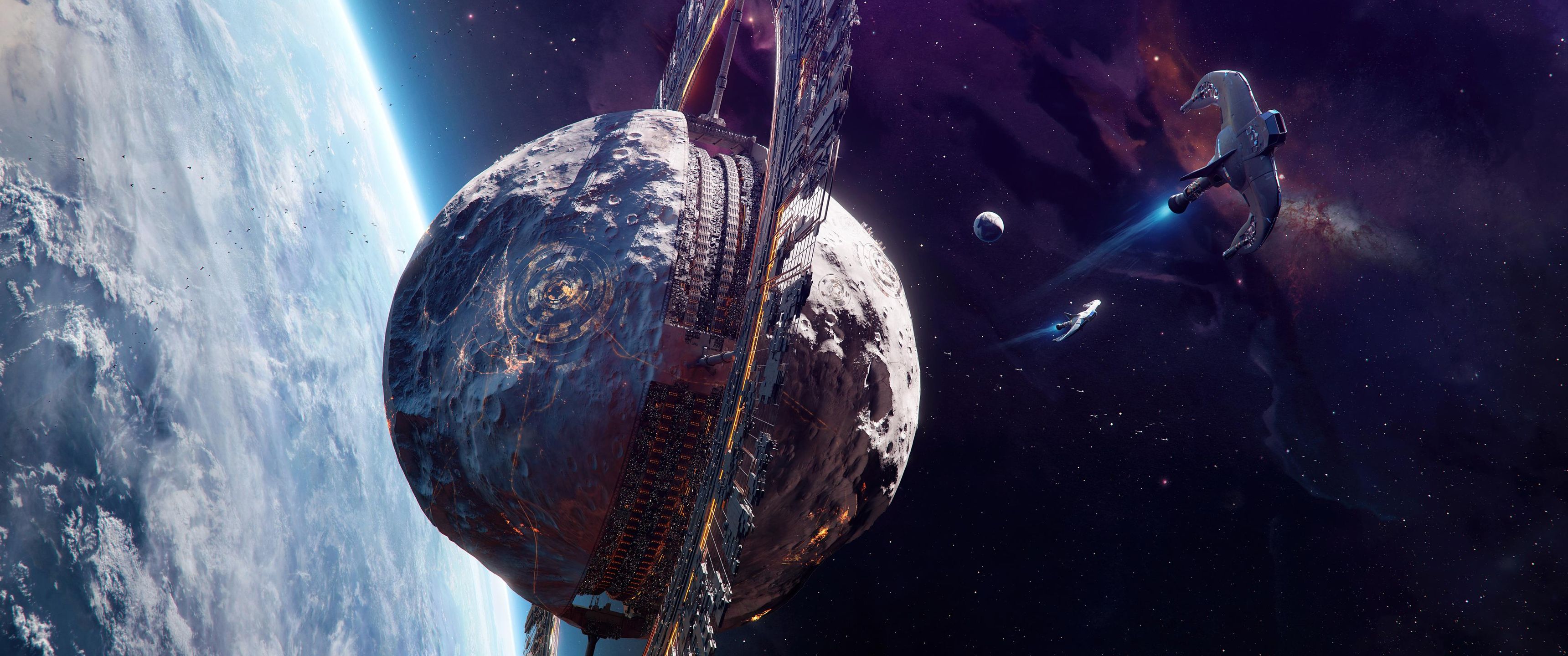 3440x1440 Download Fissure, Planet, Spaceship, Art Wallpaper in 3440x1440 Resolution