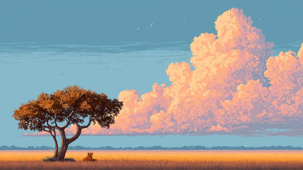 1200x673 Minimalist African Savannah Sunset Mural. Pixel Art Style, Golden Field & Dramatic Clouds
