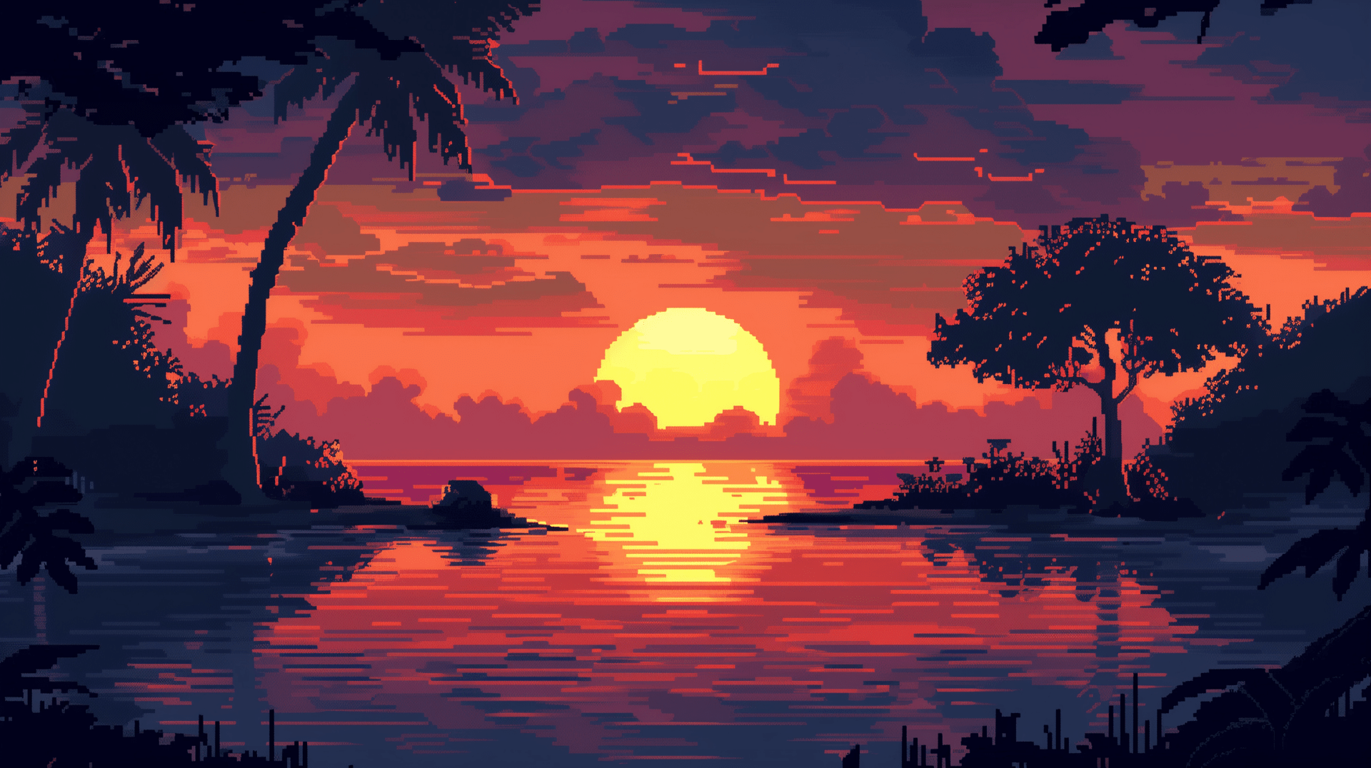 1920x1076 Jungle Sunset: A Stunning HD Pixel Art Wallpaper