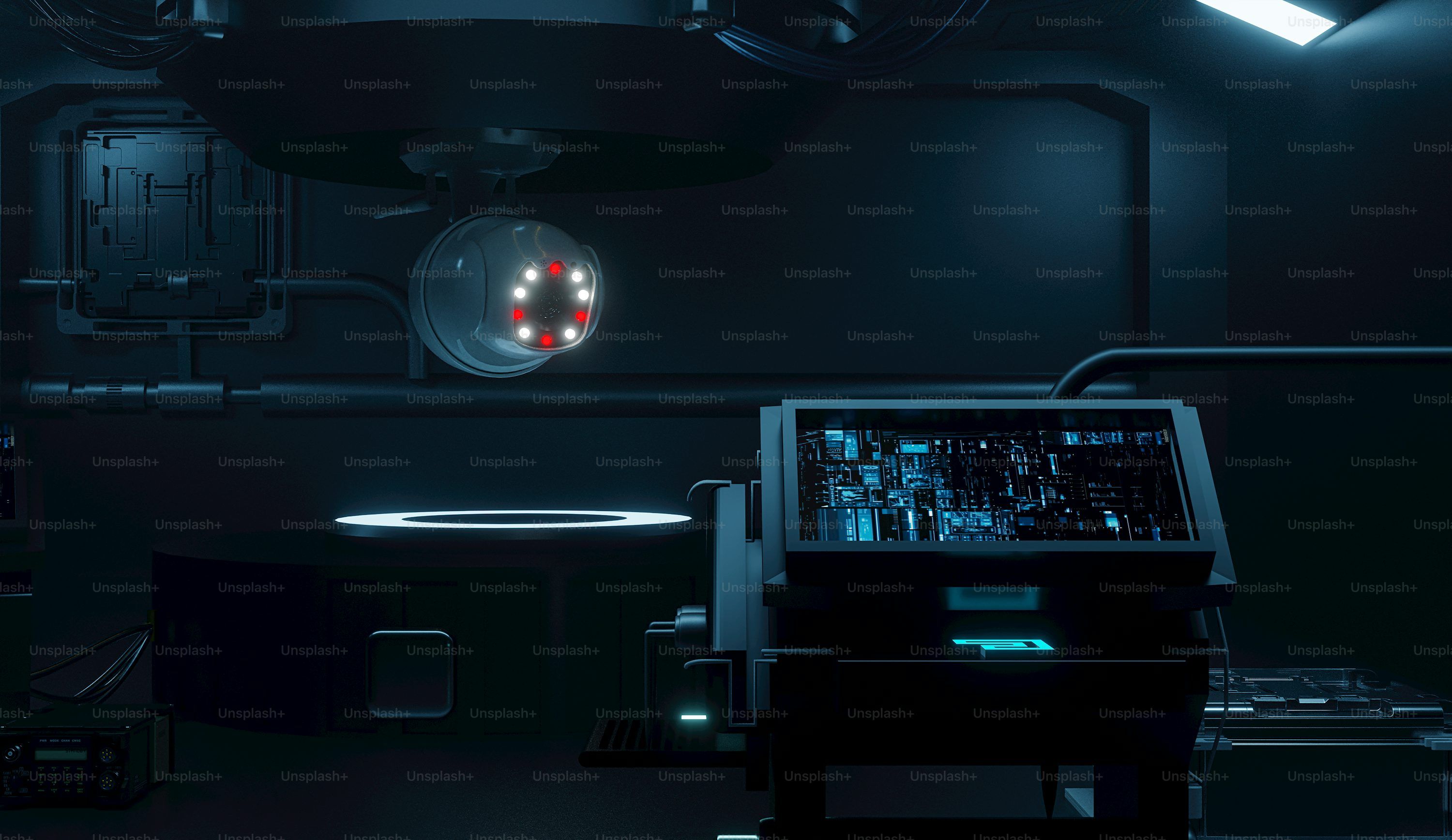 3000x1736 A futuristic lab with technology and robotics. photo