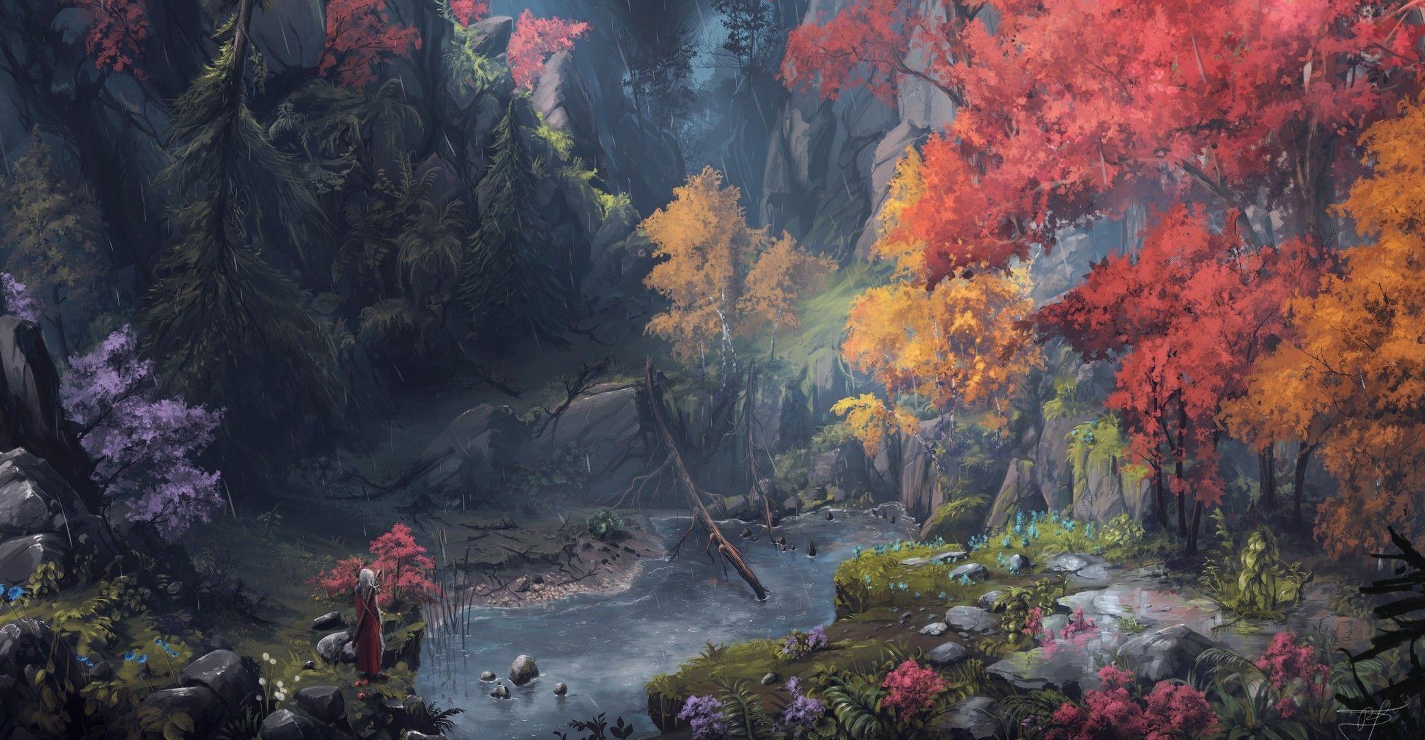 2080x1080 Download 2080x1080 Fantasy Women Warrior, Raining, Artwork, Forest
