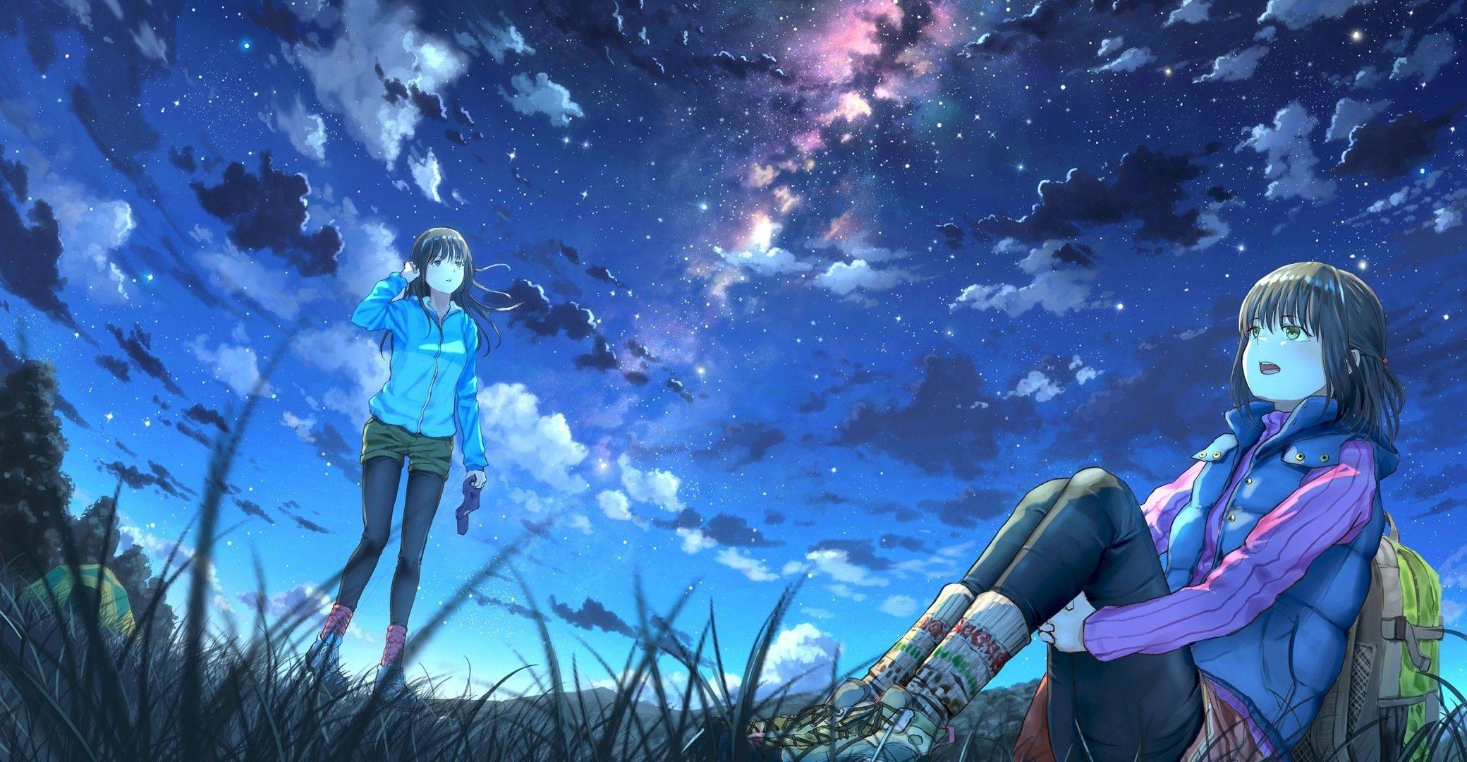 2080x1080 Download 2080x1080 Anime Girls, Landscape, Scenic, Sky, Stars