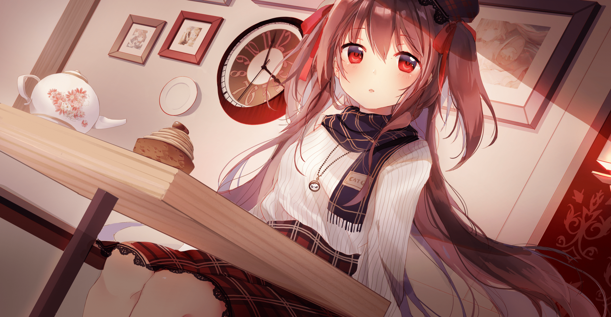 2080x1080 Download 2080x1080 Anime Girl, Scarf, Red Eyes Wallpaper