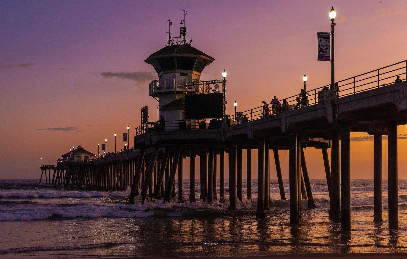 1332x850 Wallpaper sea, the sky, sunset, lights, people, coast, the evening, horizon, lights, CA, pierce, USA, Huntington Beach Pier image for desktop, section пейзажи