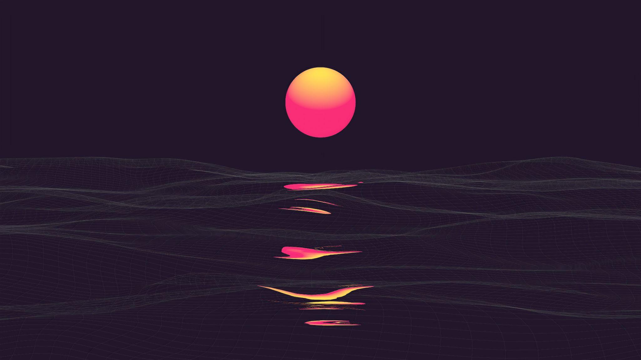 2048x1152 Download Retrowave, sunrise, reflections, sea, clear sky, dark wallpaper, 2048x Dual Wide, Widescreen