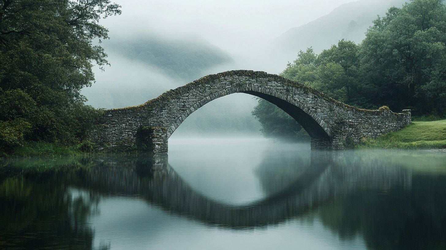 1456x816 Free Misty Stone Bridge Image, Bridge, Stream