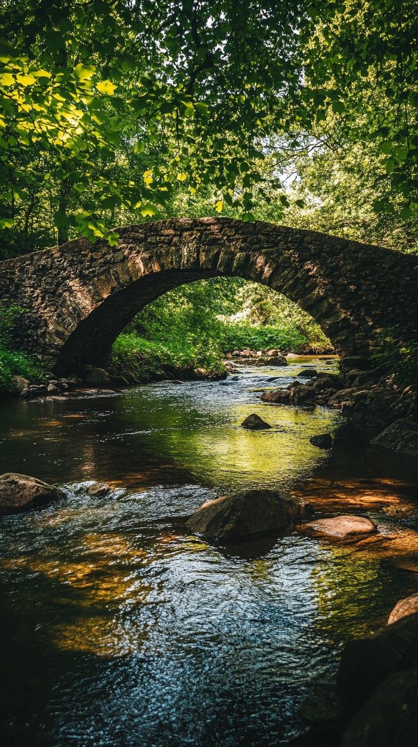 816x1456 Free Idyllic Stone Bridge Image, River, Trees