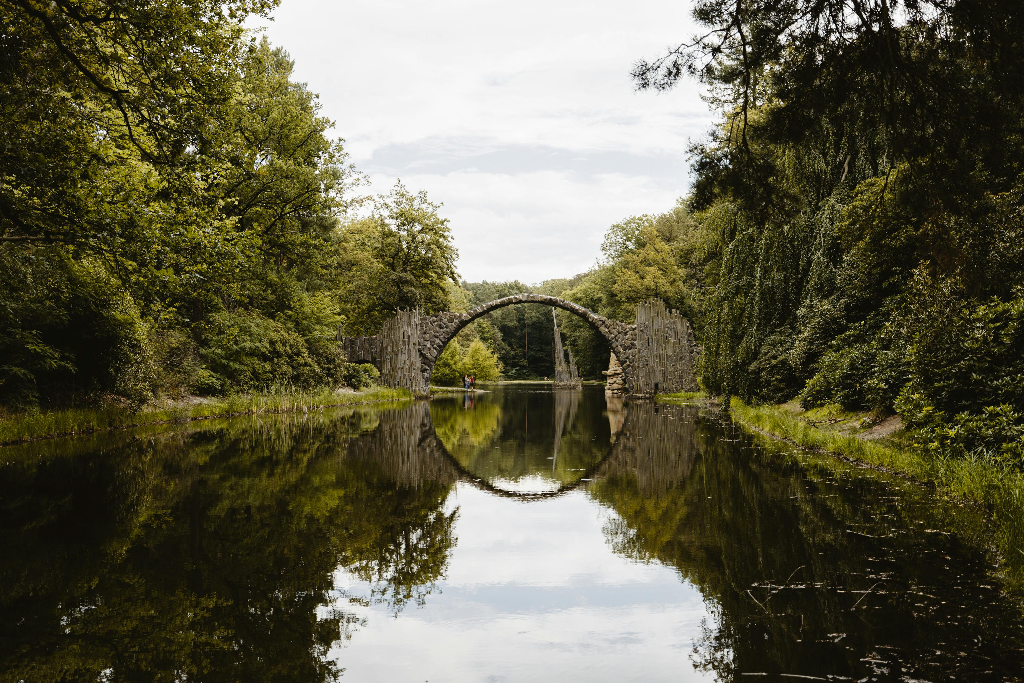 3464x2309 River Canal Leading to a Bridge Between the Trees · Free