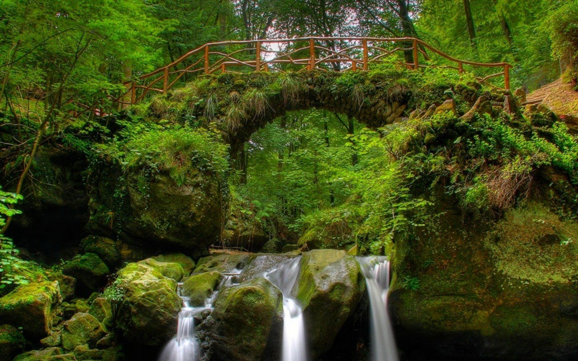 1920x1200 Enchanting Man Made Bridge Over Serene Waterfall