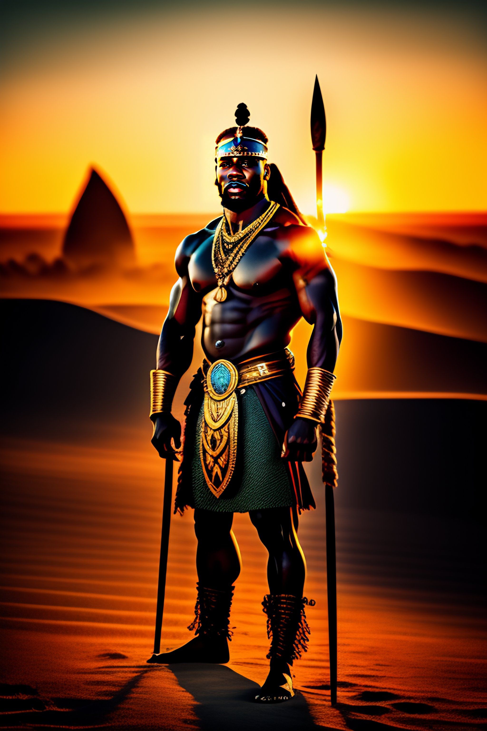 2048x3072 Lexica Zulu with viking hammer with Zulu warriors behind him, golden hour, horizon, backlit, HDR