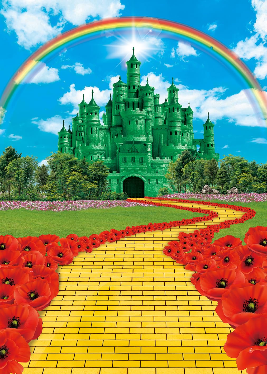 1012x1417 Amazon.com : Green Castle Yellow Brick Road Backdrop for Party Decorations 5x7FT Rainbow Floral Castle Gold Brick Road Photography Background Baby Shower Princess Party Decorations Supplies