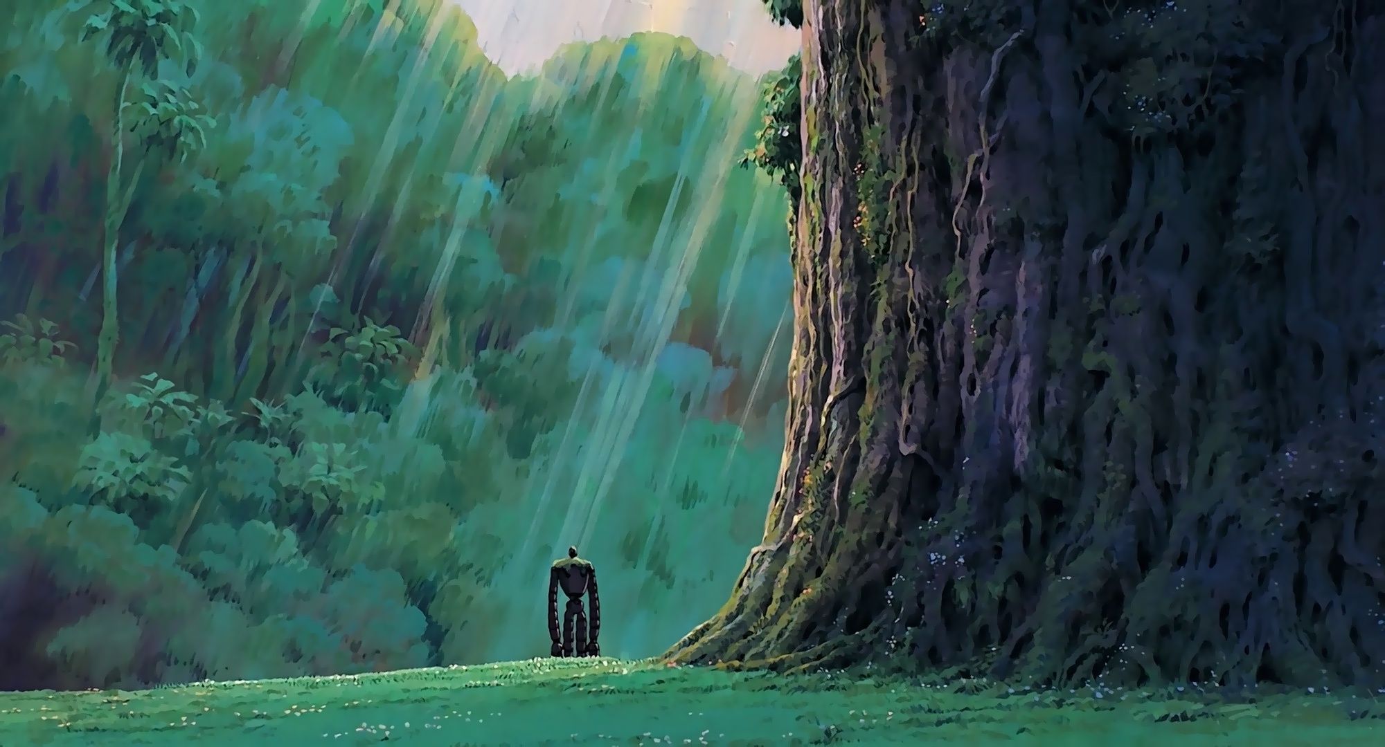 2000x1080 Wallpaper green, grass, robot, trees, anime, rocks, mood, loneliness for mobile and desktop, section прочее, resolution 2000x1080