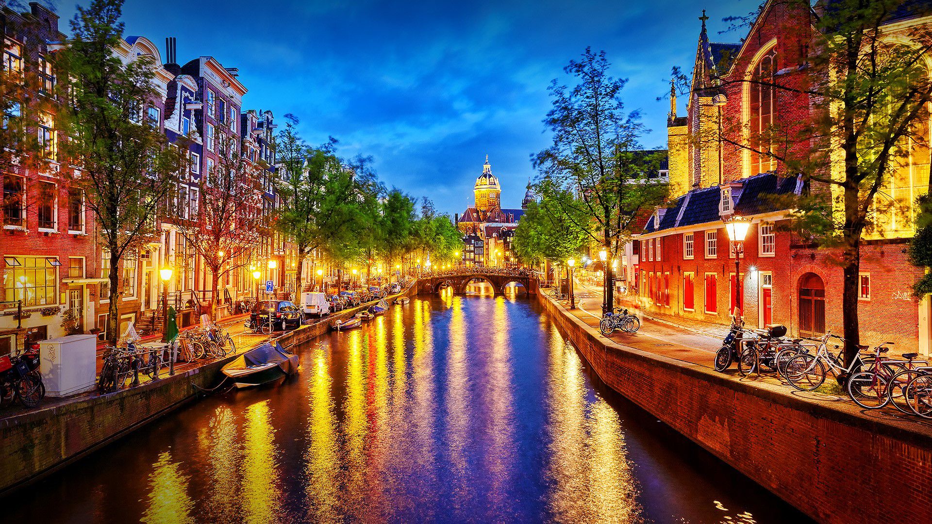 1920x1080 City Night River Amsterdam HD Travel Wallpaper