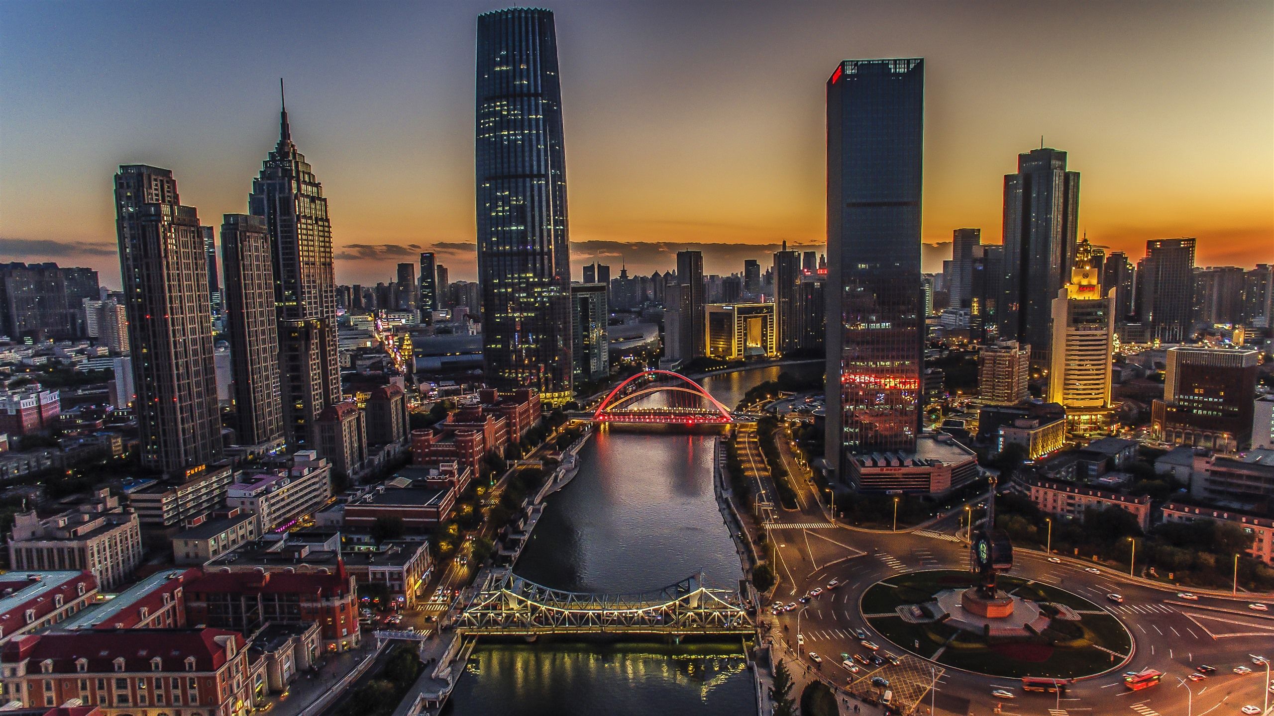 2560x1440 Tianjin City Night River Bridge Skyscrapers HDR Style China