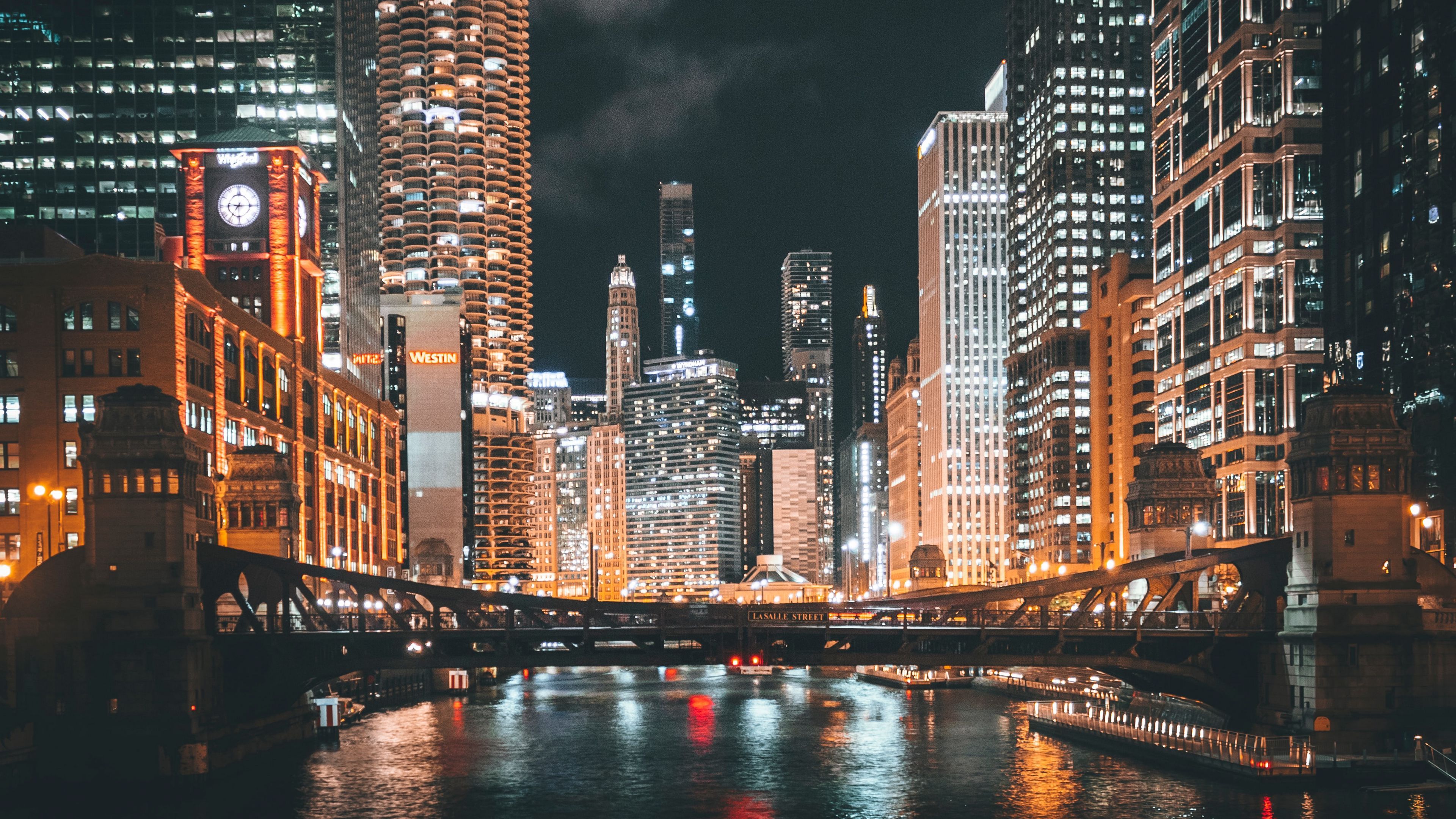 3840x2160 Night City Bridge River Lights 4K HD Wallpaper