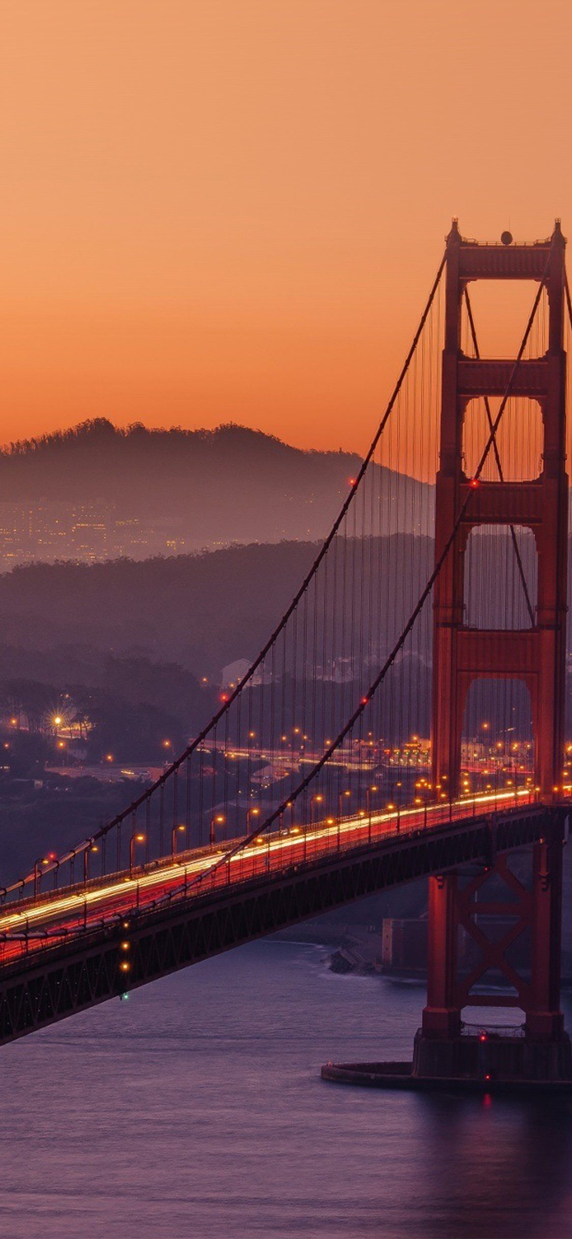 1125x2436 Bridge Orange Sunset River City Lights iPhone Wallpaper