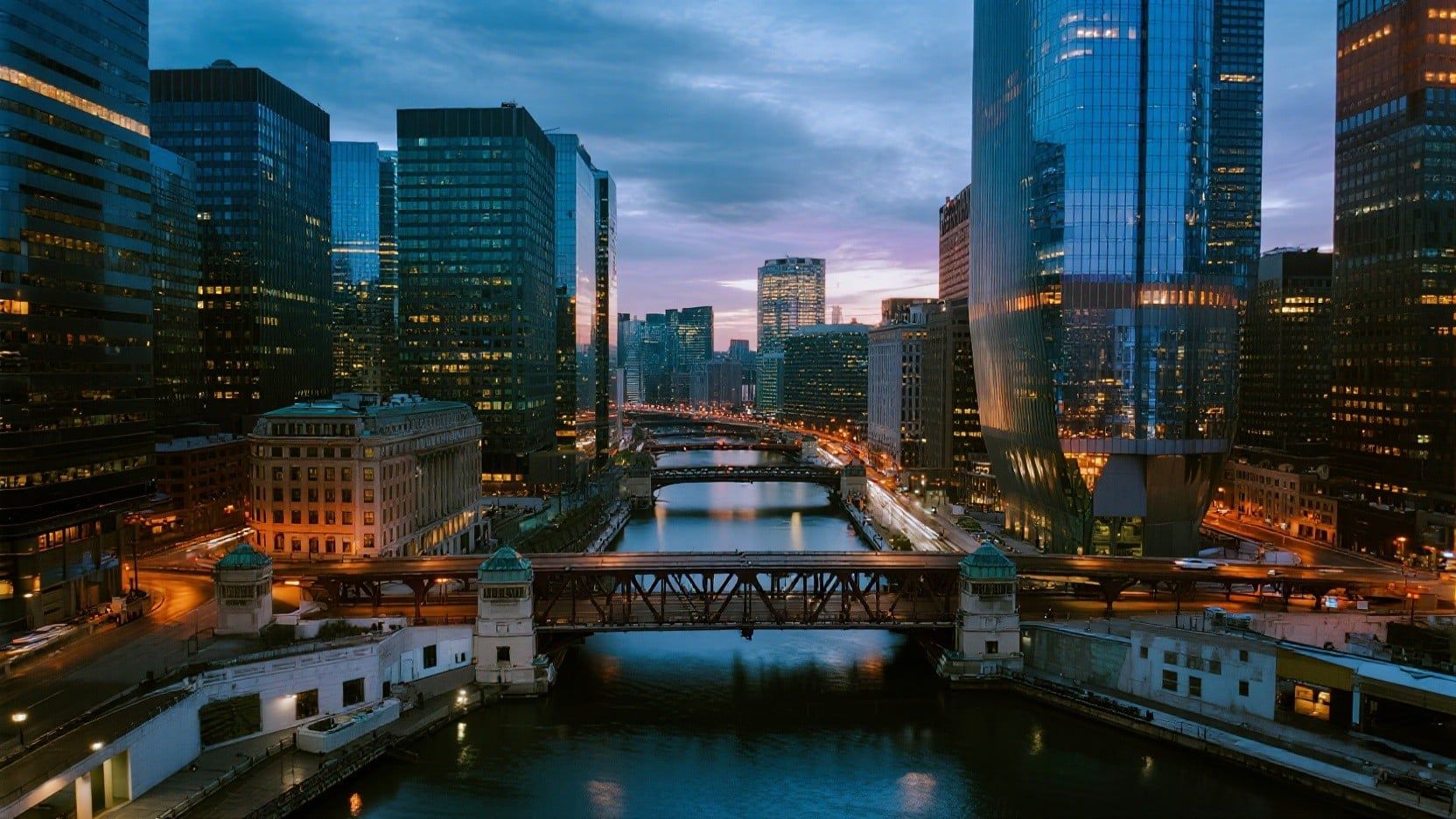 1664x936 Free Chicago River Sunset Image, Skyline, River