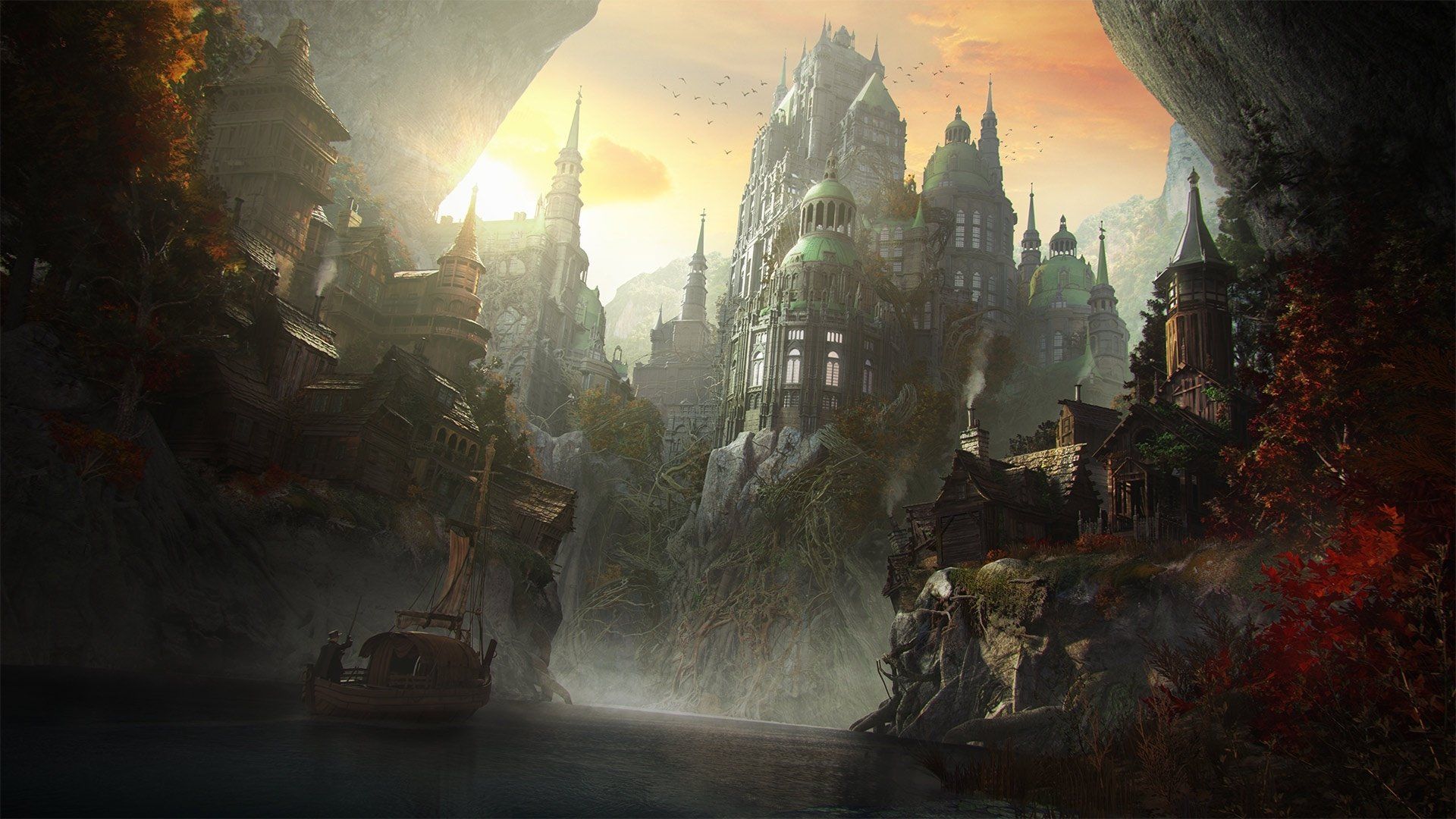 1920x1080 Dreamy River City: A Fantasy HD Wallpaper Adventure by Tomi Väisänenx1080