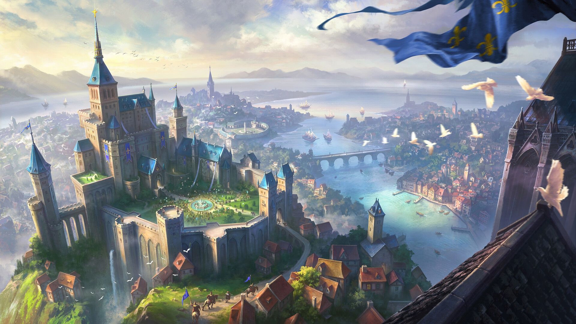 1920x1080 Wallpaper city, fantasy, river, sky, bridge, clouds, birds, castle for mobile and desktop, section фантастика, resolution 1920x1080