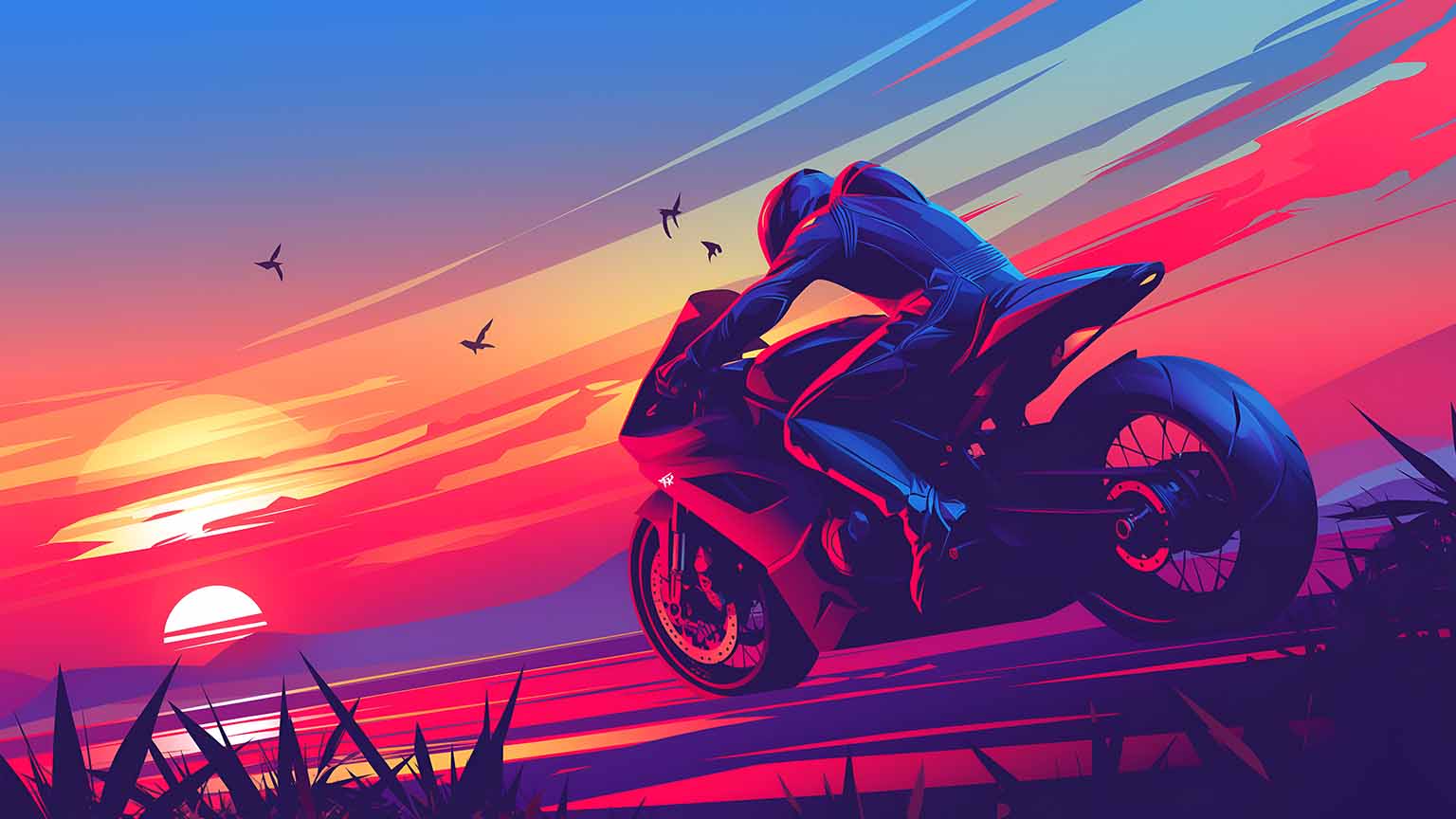 1536x864 Motorcycle Rider Sunset Drive Desktop Wallpaper