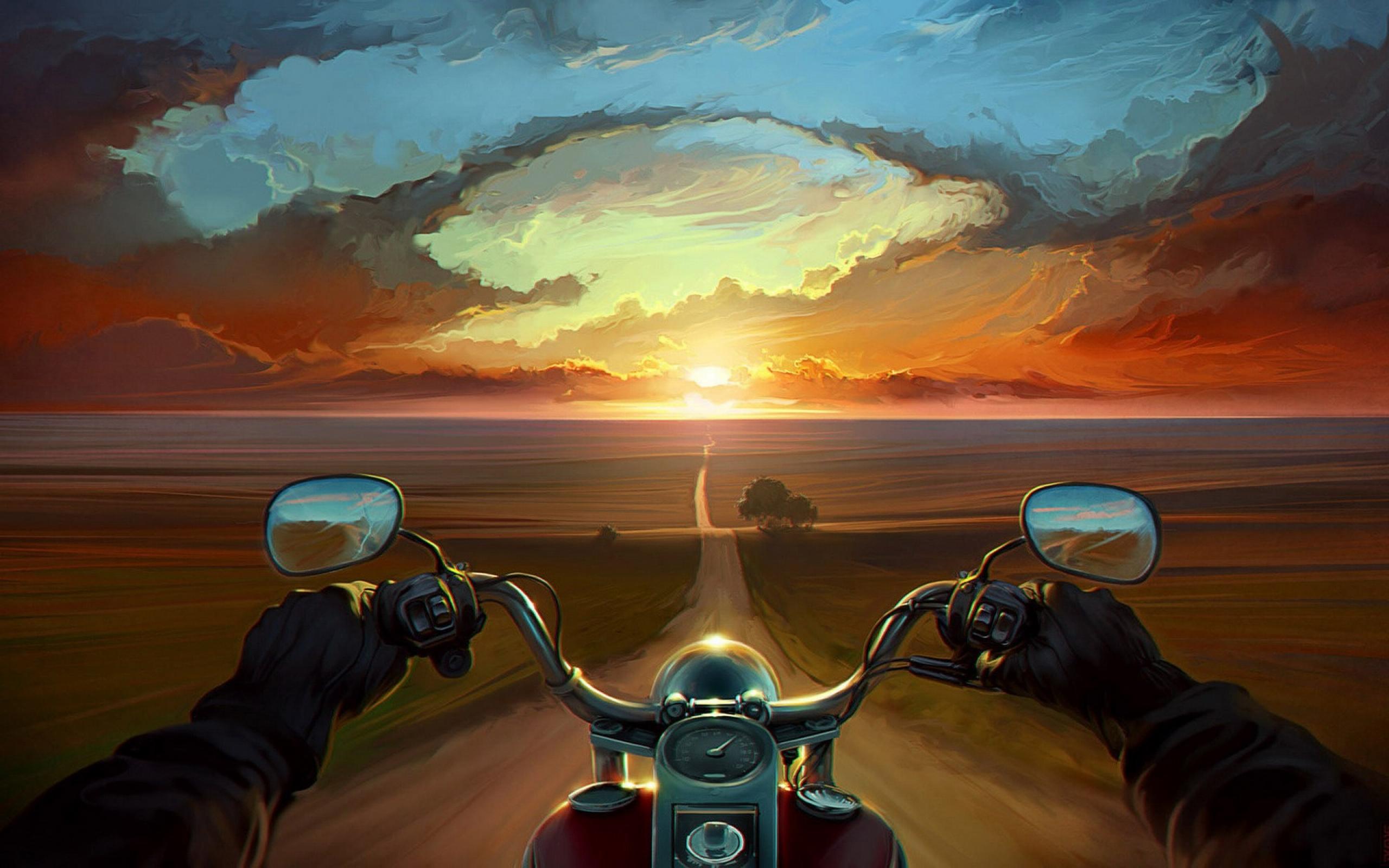 2560x1600 Art Road Hands Sunset Motorcycle
