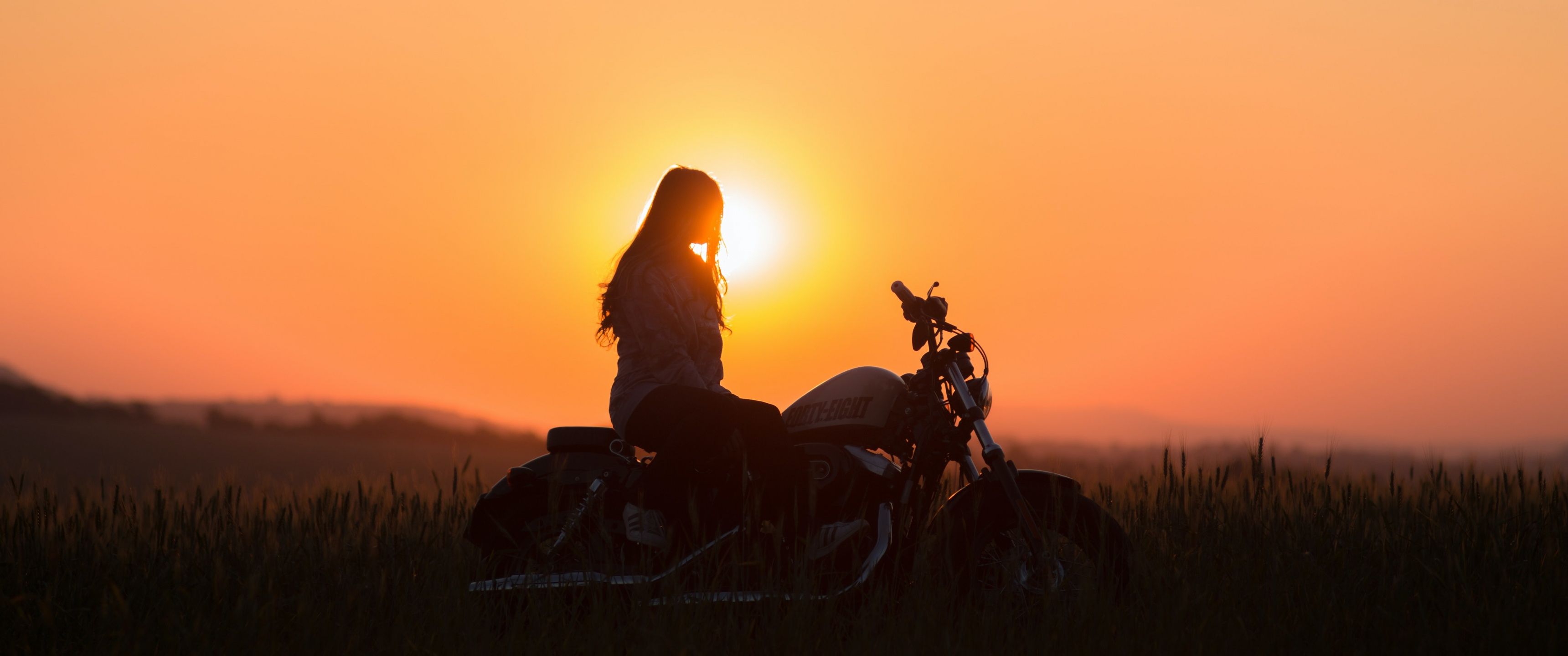 3440x1440 Sunset Wallpaper 4K, Woman, Motorcycle, Silhouette