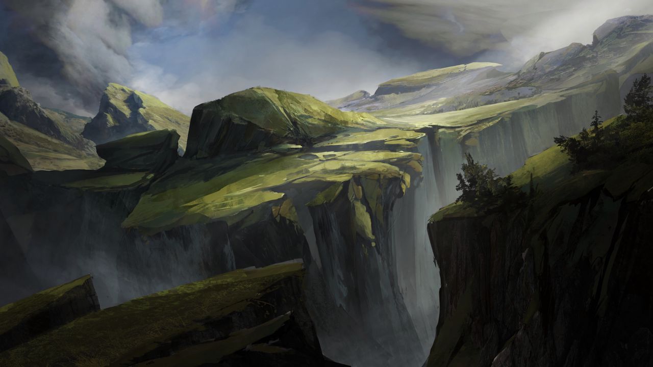 1280x720 Wallpaper valley, fantasy, rocks, cliff, art hd, picture, image