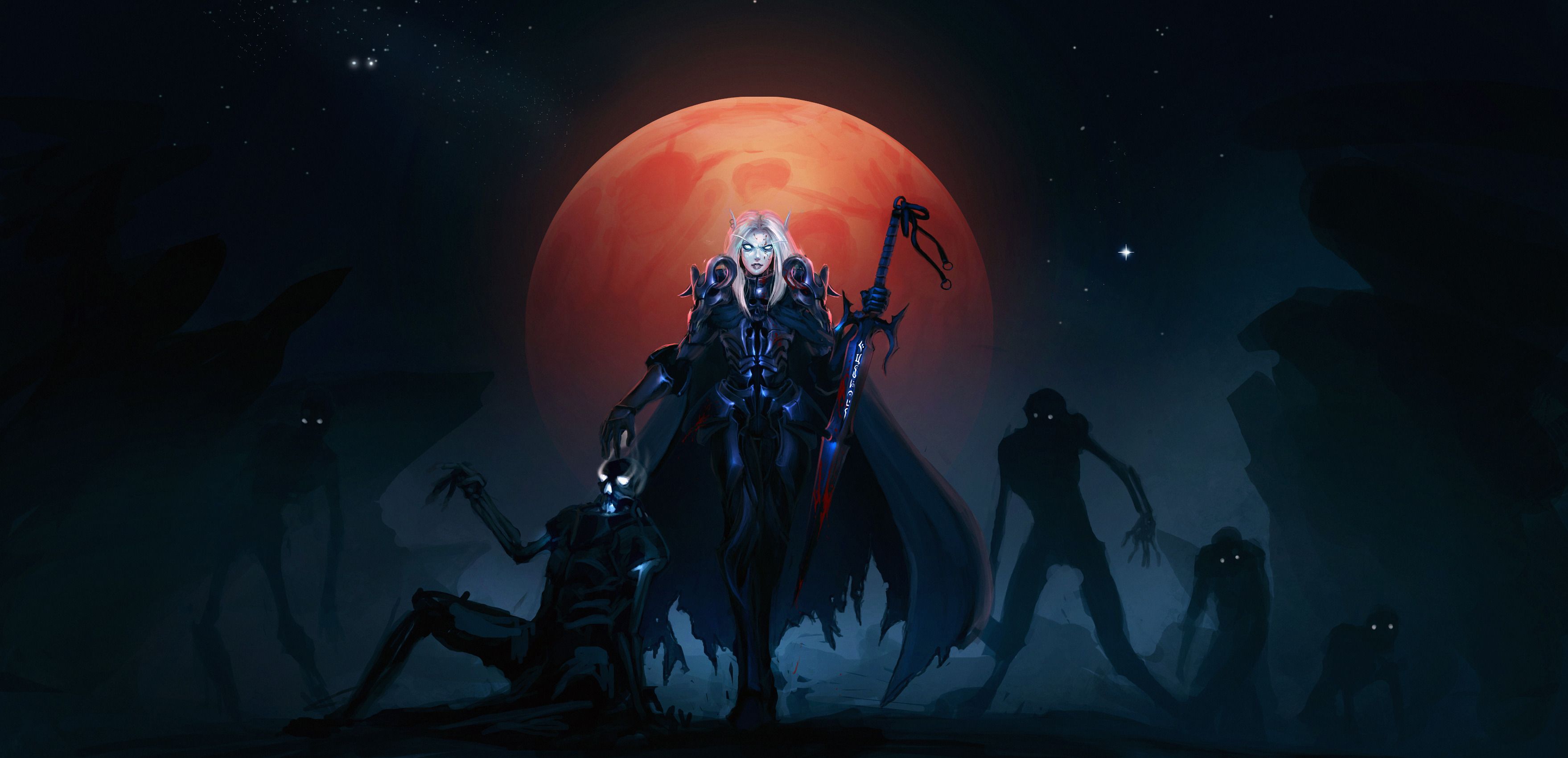 3517x1701 Wallpaper death, the moon, zombies, knight, wow, undead, blood elf, bloody for mobile and desktop, section игры, resolution 3517x1701
