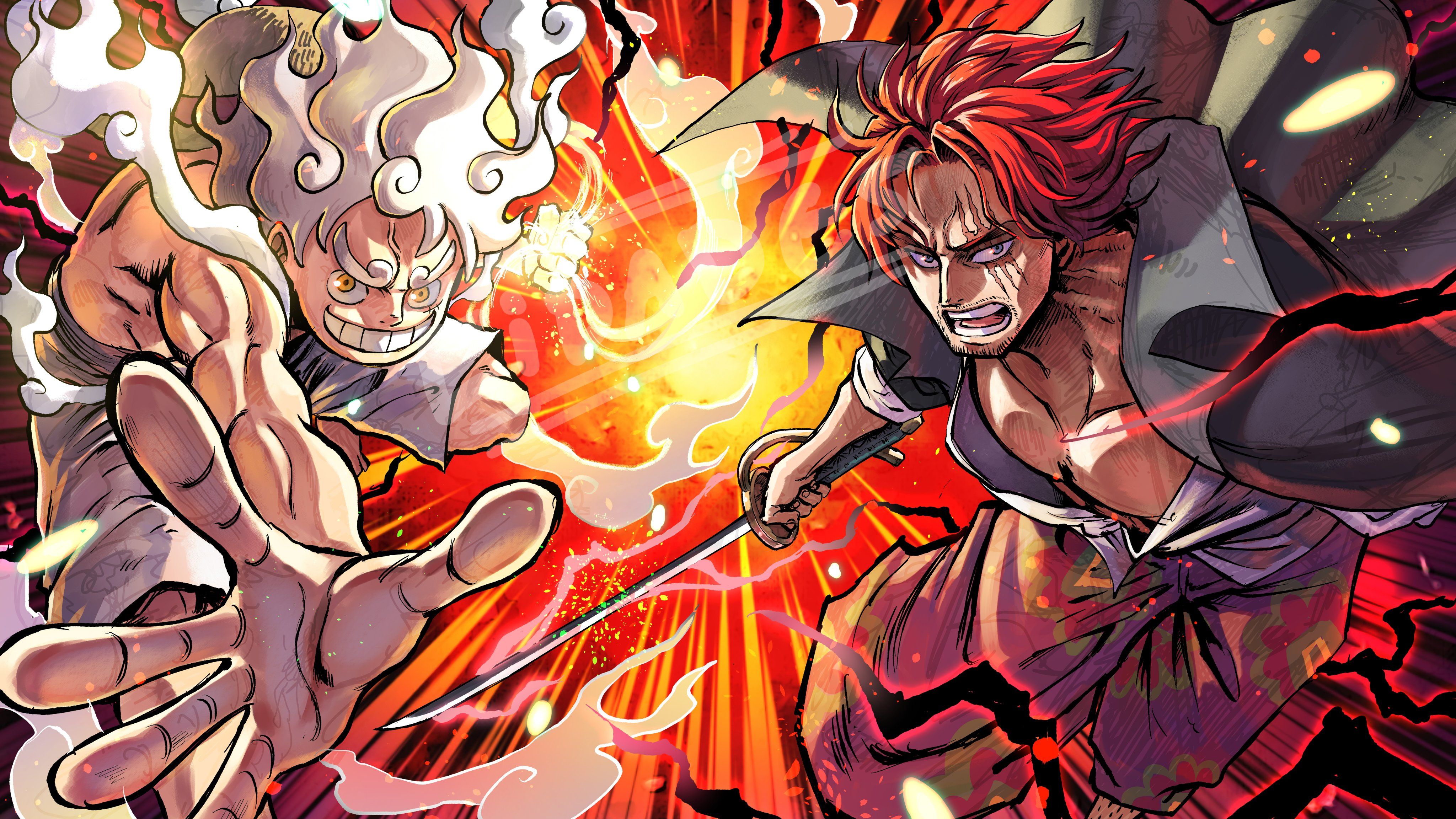 4096x2304 Epic Clash: Luffy Gear 5 vs Shanks. One Piece 4K Ultra HD Wallpaper