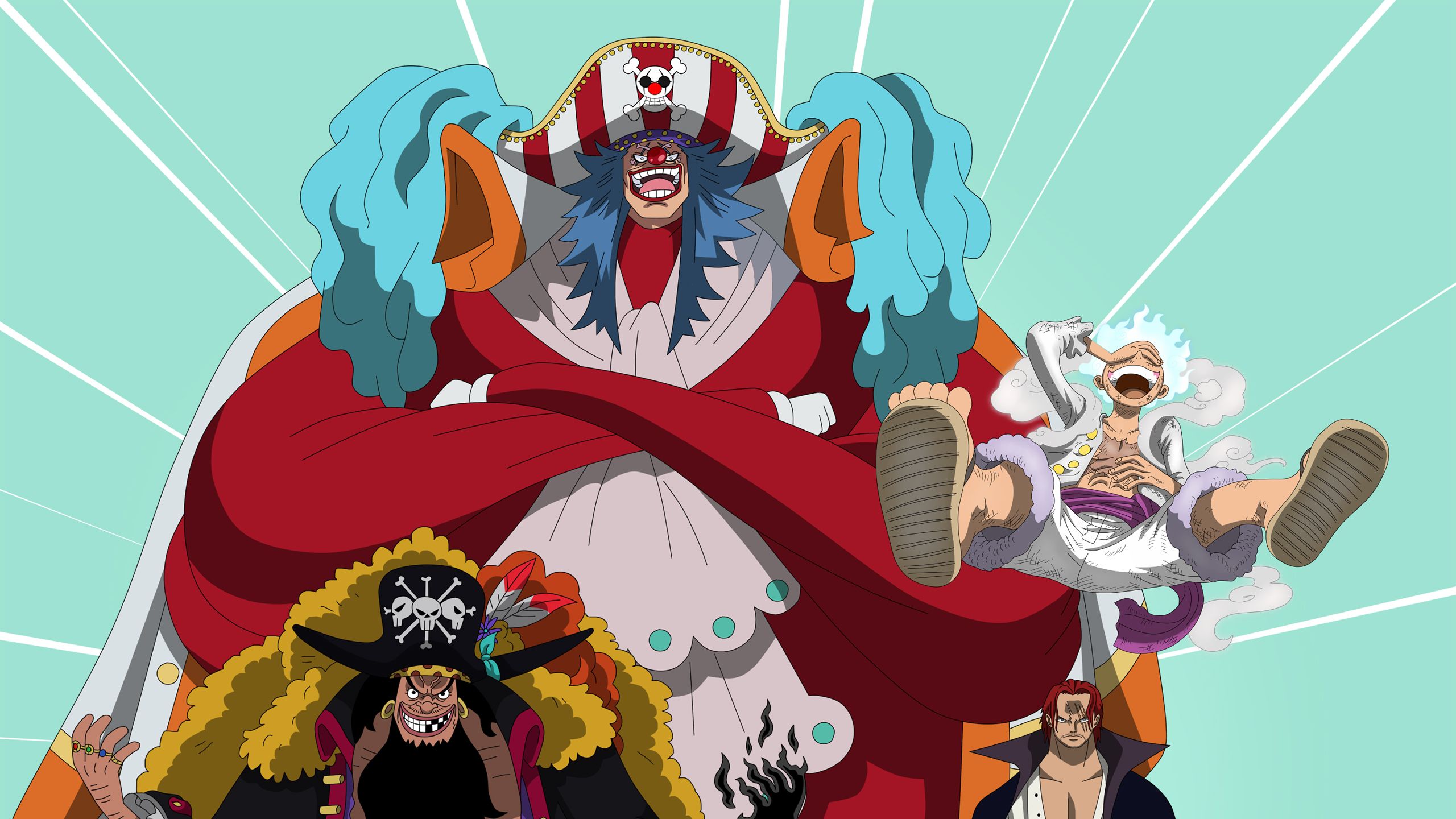 2560x1440 Marshall D. Teach Shanks Buggy Monkey D. Luffy HD One Piece Wallpaper
