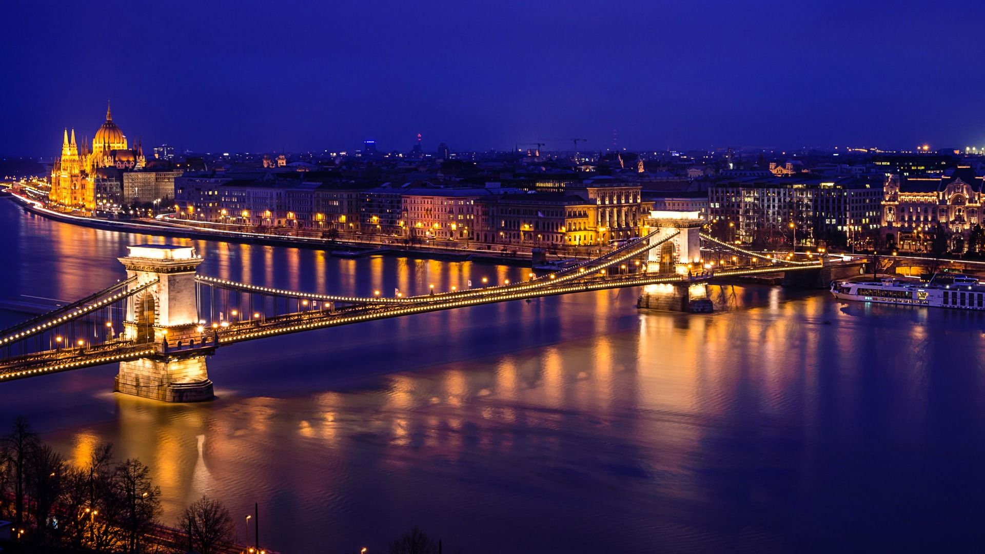 1920x1080 Hungary City Bridge Rivers Night Europe Travel Pphotography Wallpaper