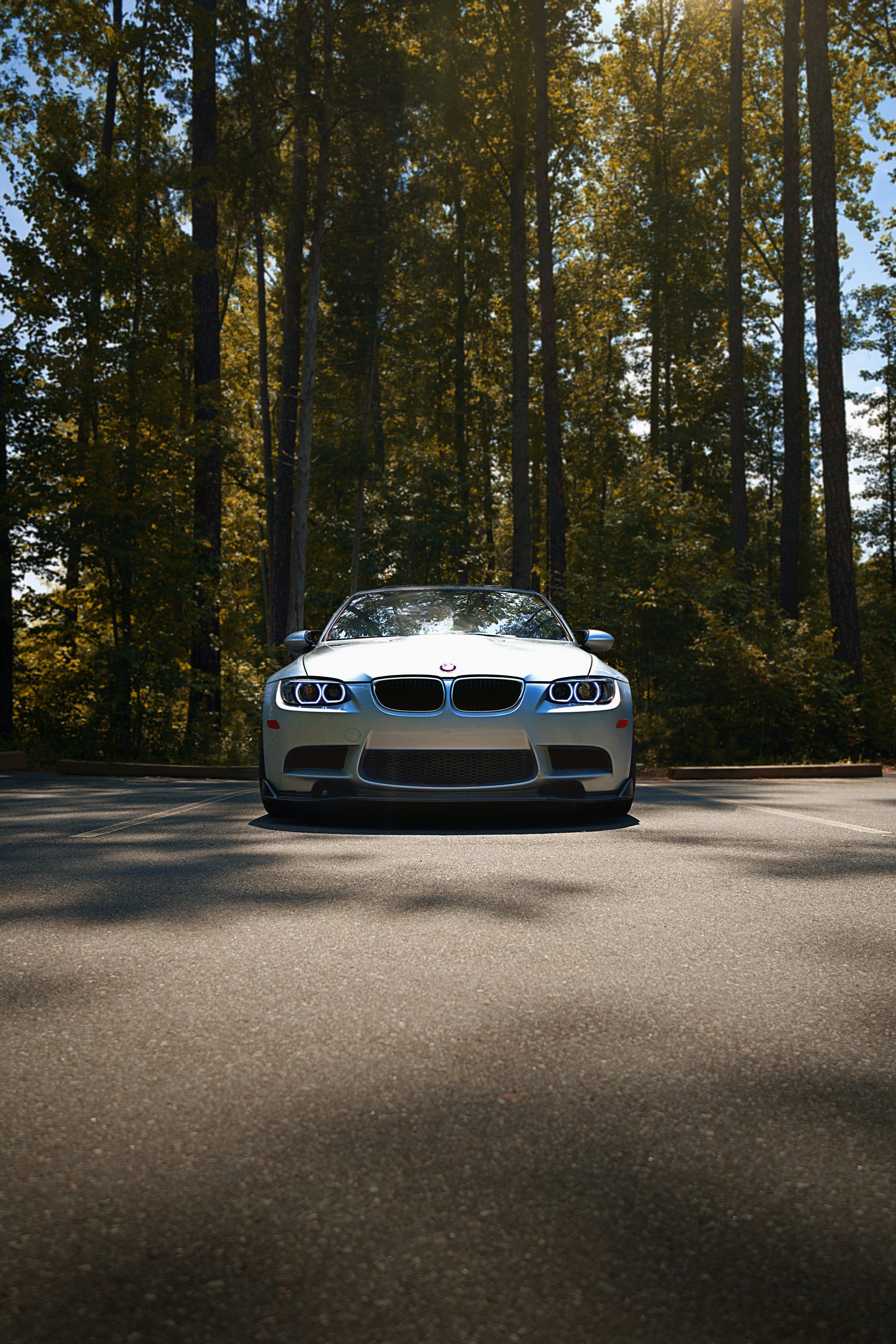 3000x4500 A silver BMW sits in a forest parking lot. photo