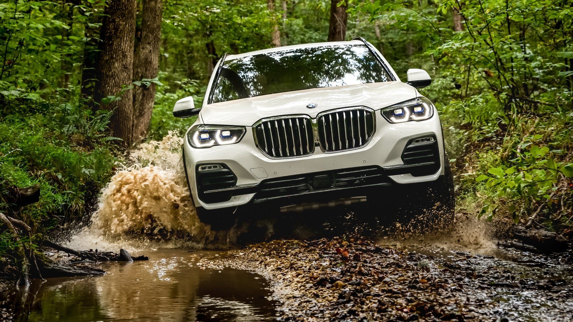 1920x1080 BMW X5 White SUV Splashes Through Forest Trail