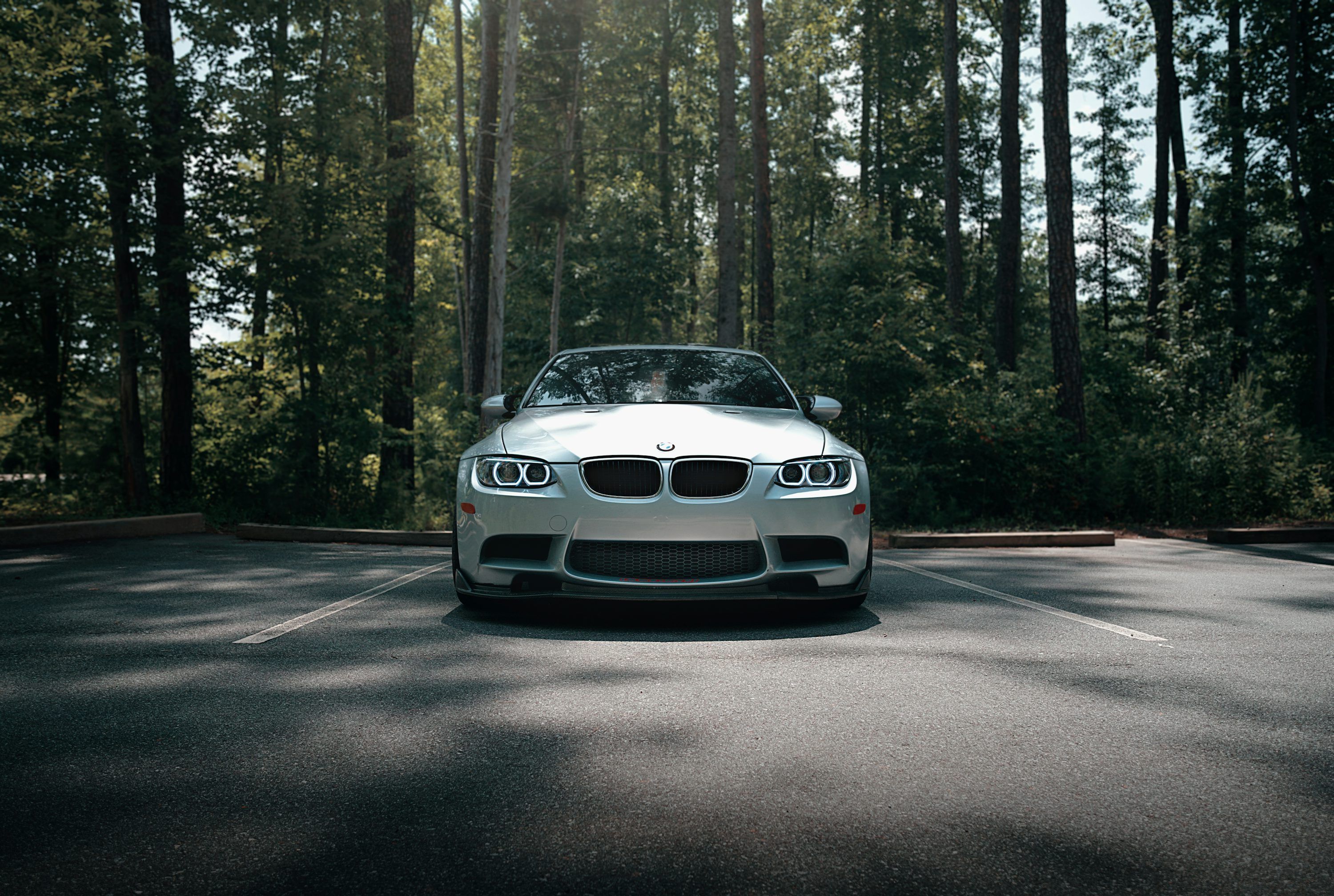 3000x2016 A white car parks in a forest. photo