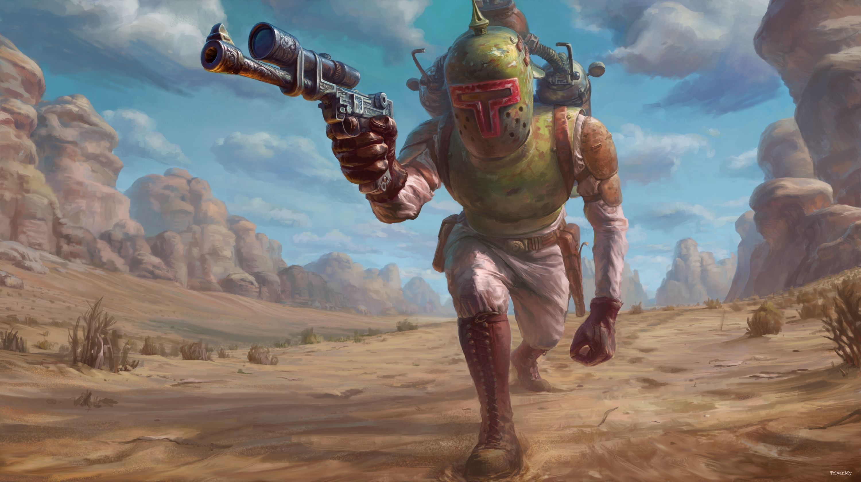3000x1681 Desktop wallpaper: Sci Fi, Star Wars, Boba Fett, Desert, Warrior 4K free download for PC. 376628