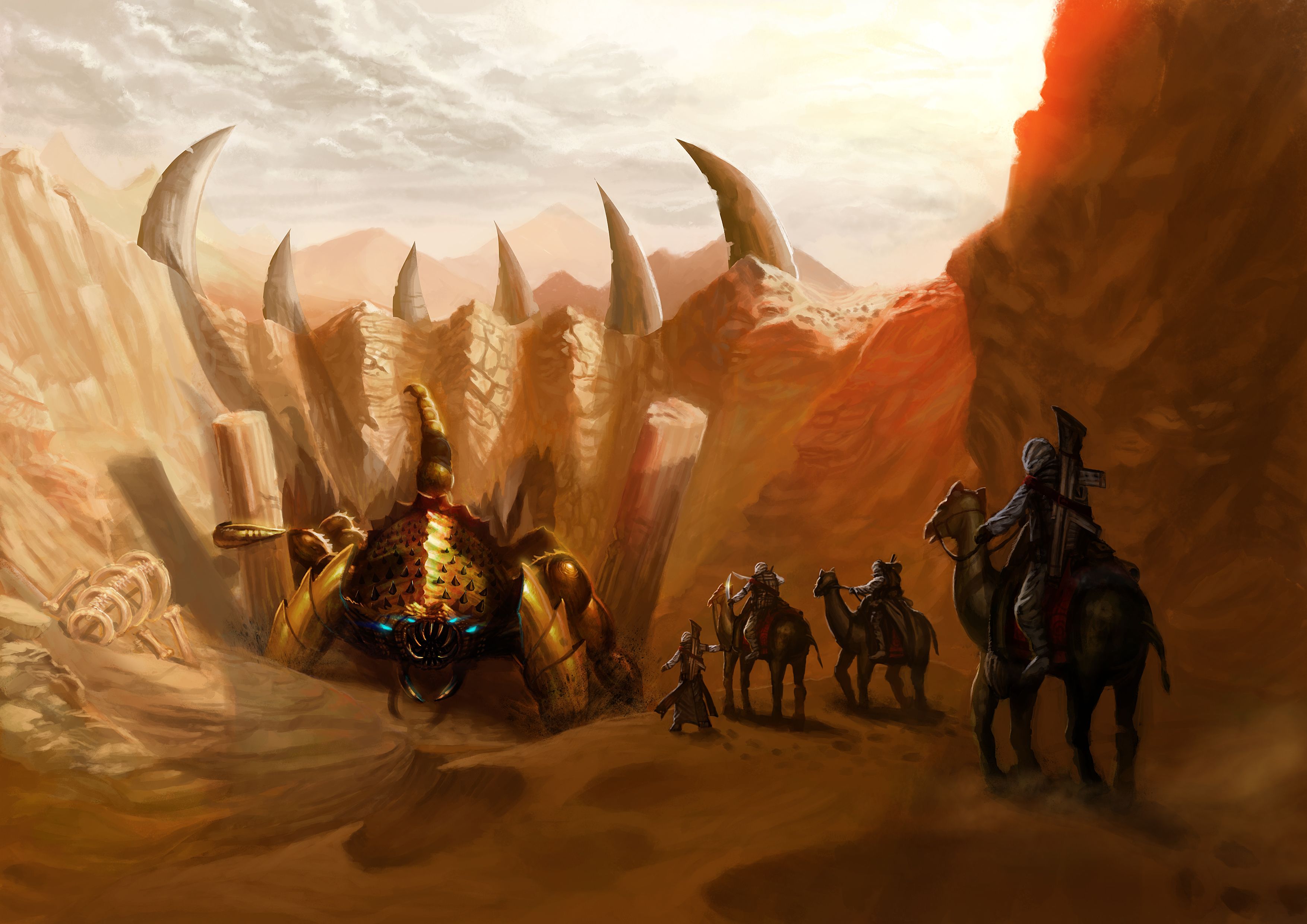 3508x2480 Desktop wallpaper: Fantasy, Creature, Desert, Gun, Scorpion, Warrior 4K free download for PC. 737150